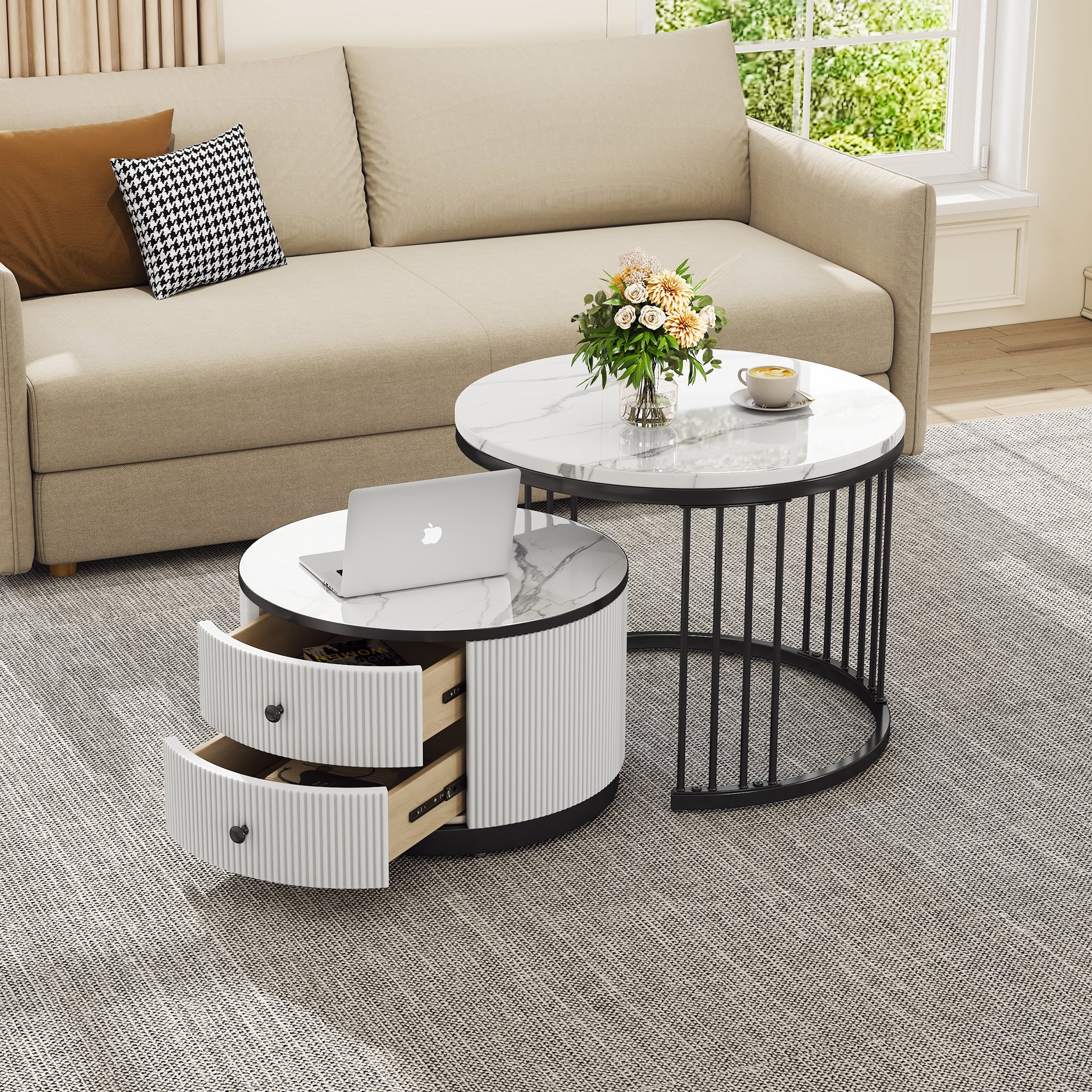 Coffee Table Set, Round Nesting with Drawers, White Marble Look