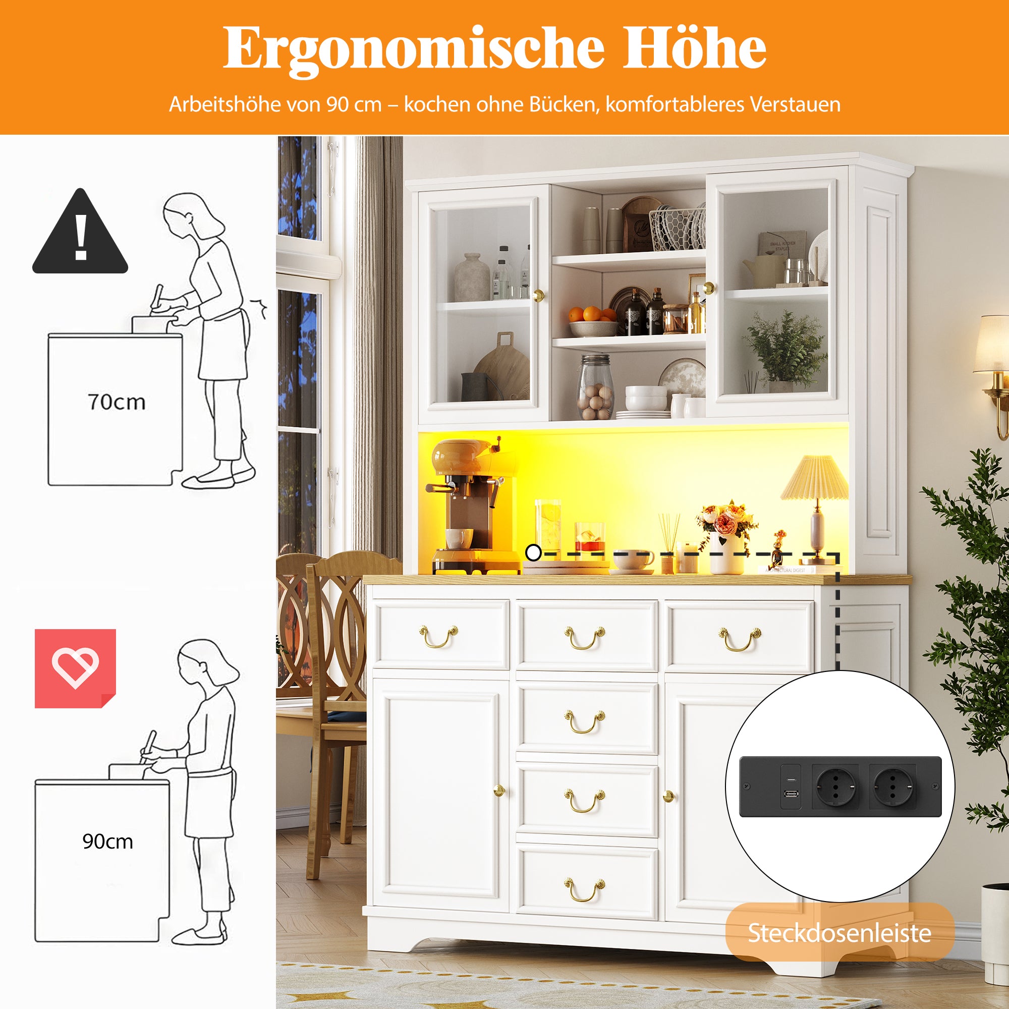 Tall Kitchen Cabinet Sideboard with USB Ports, Sockets and LED Lighting, White