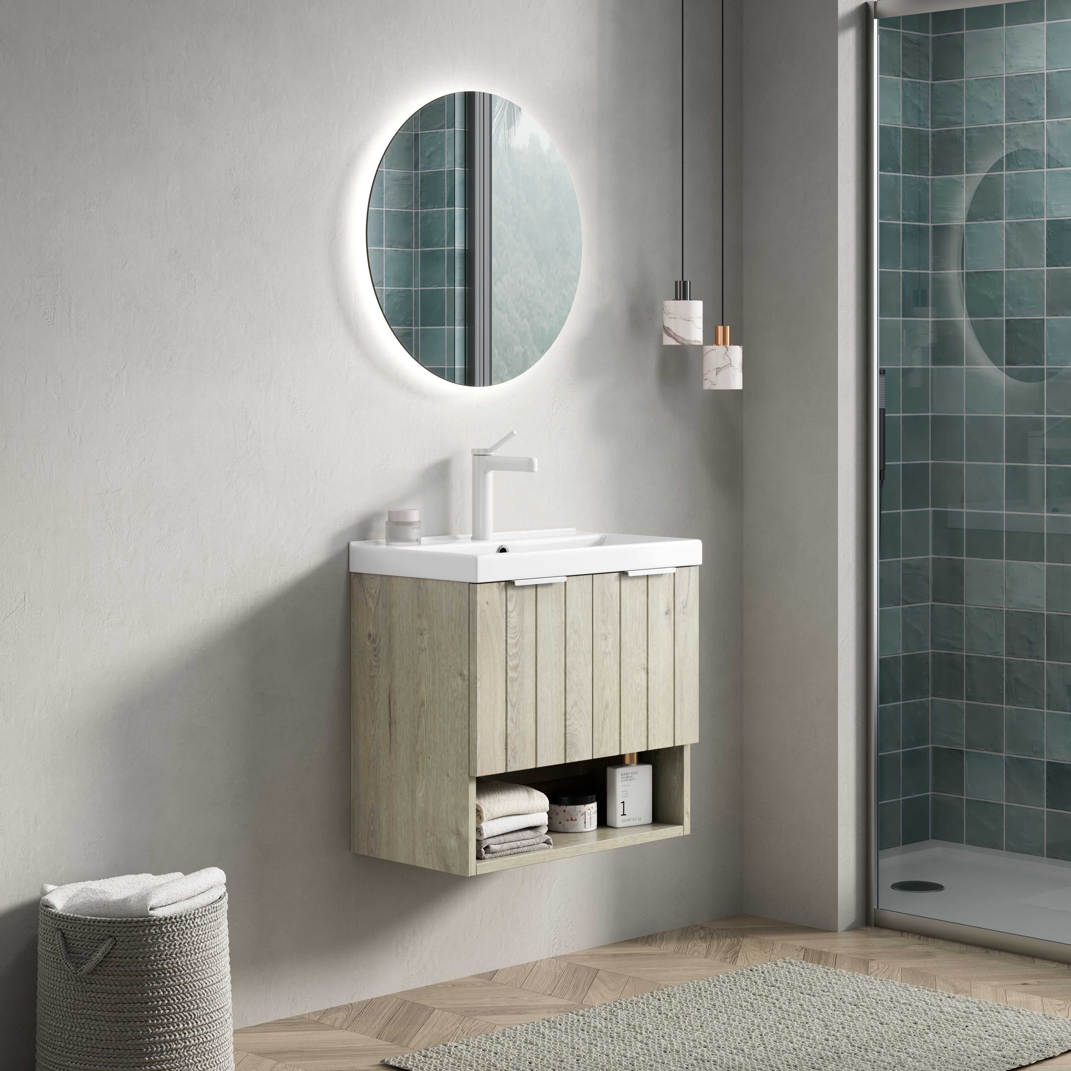 Wall-mounted Bathroom Vanity Unit with Ceramic Sink and Open Shelf, 55cm, Oak Cream