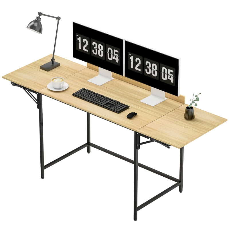 Folding Computer Desk with 2 Pull-out Panels and Sturdy Metal Legs, Oak+Black