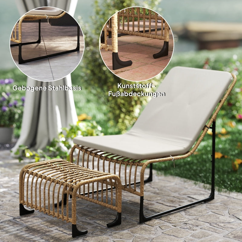 Rattan Relaxing Chair with Footstool, UV-resistant Garden Chair, Natural Wood