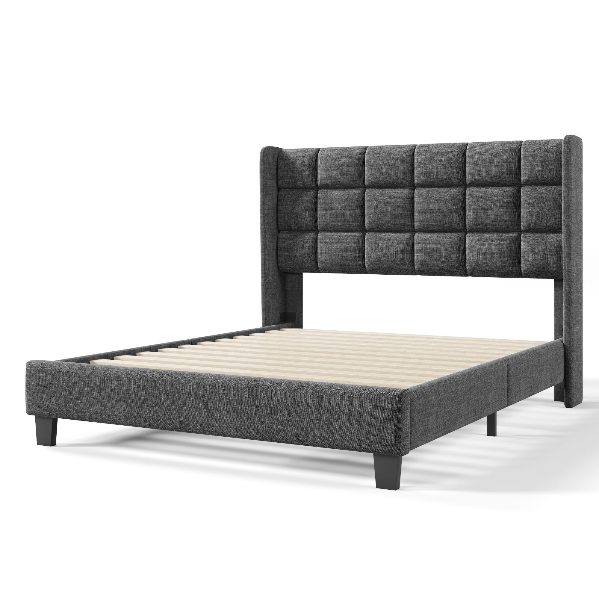 Upholstered Bed with Headboard, Slatted Frame, 140x200cm, Grey Linen