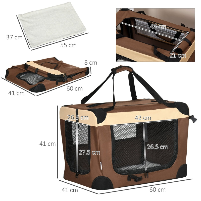Foldable Pet Carrier 60cm, with Cushion, for Mini Dogs and Cats - Brown