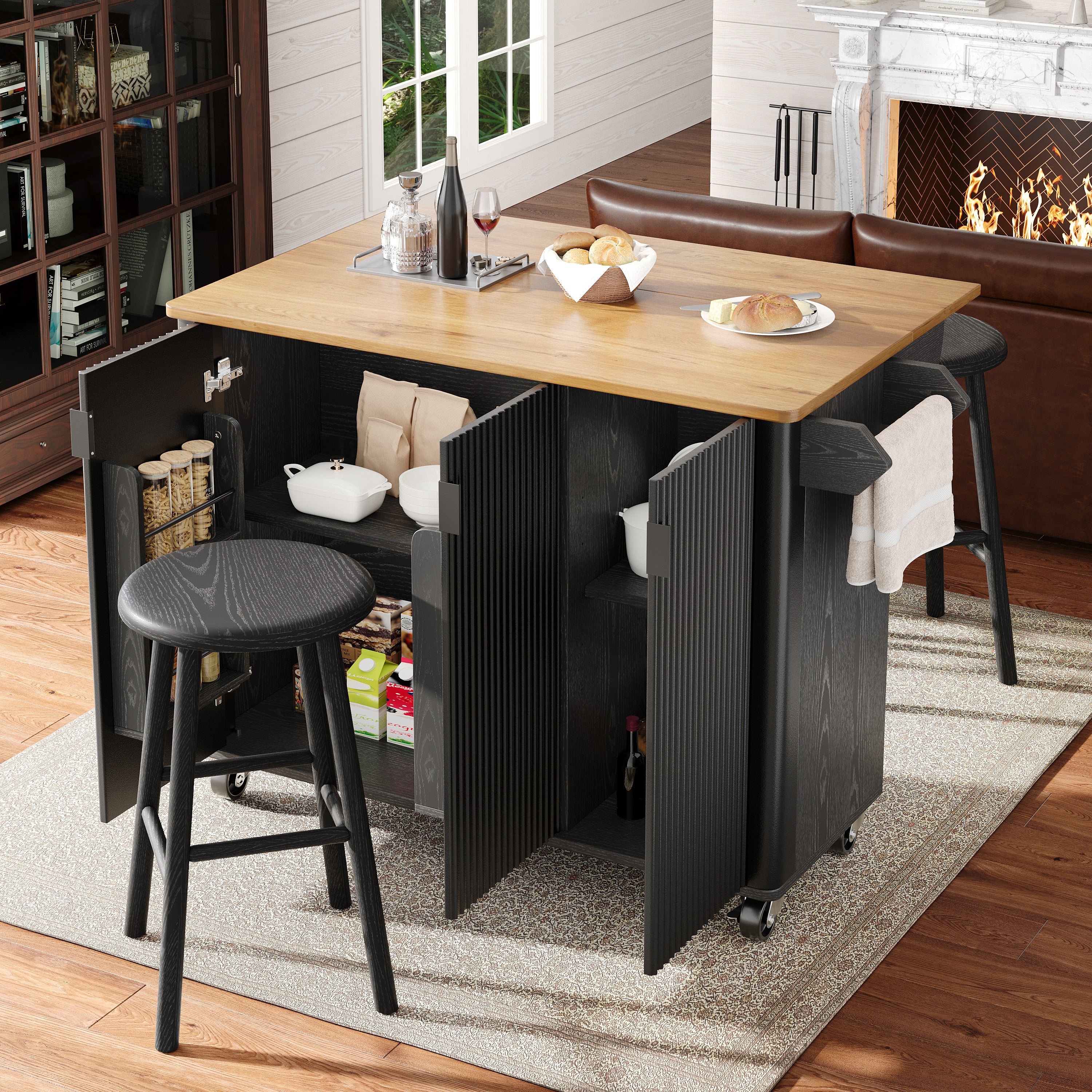 Kitchen Island Extendable 130cm Trolley 3 Doors Spice Rack - White/Black