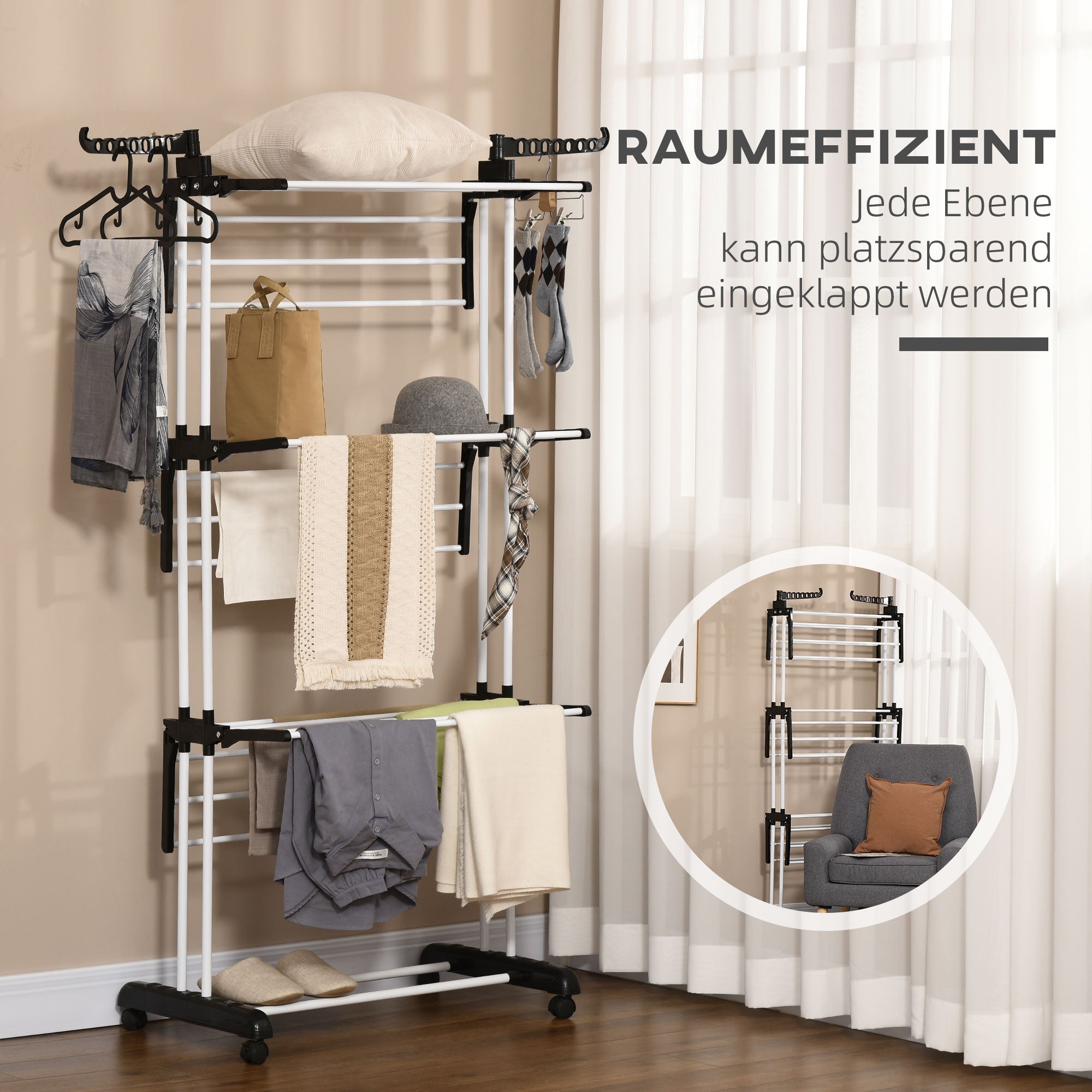 Clothes Drying Rack, Tower-Style 4 Levels Extendable with Wheels, Black