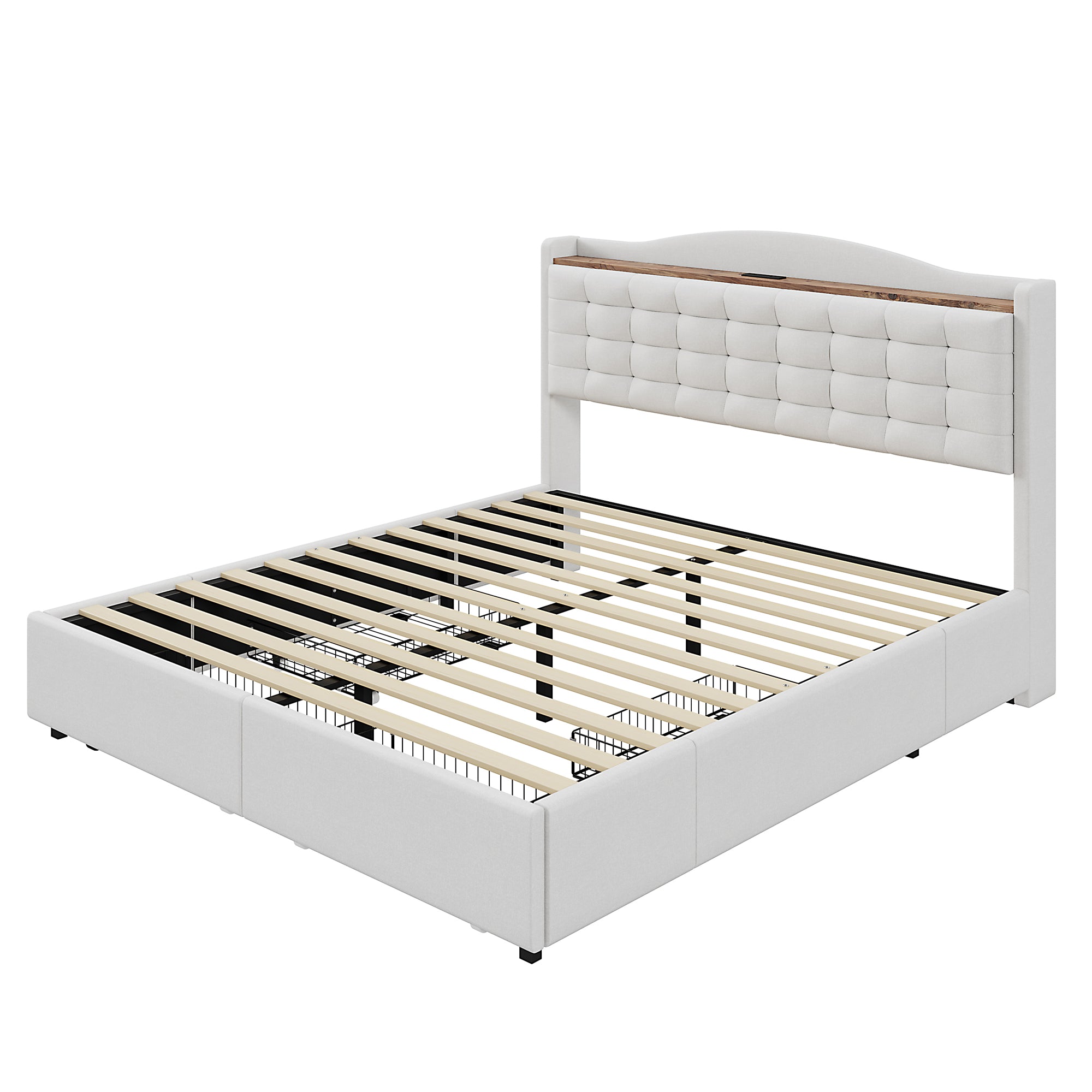 Upholstered Bed 140x200cm, USB Charging & Storage, 4-Drawer, Linen Fabric Beige
