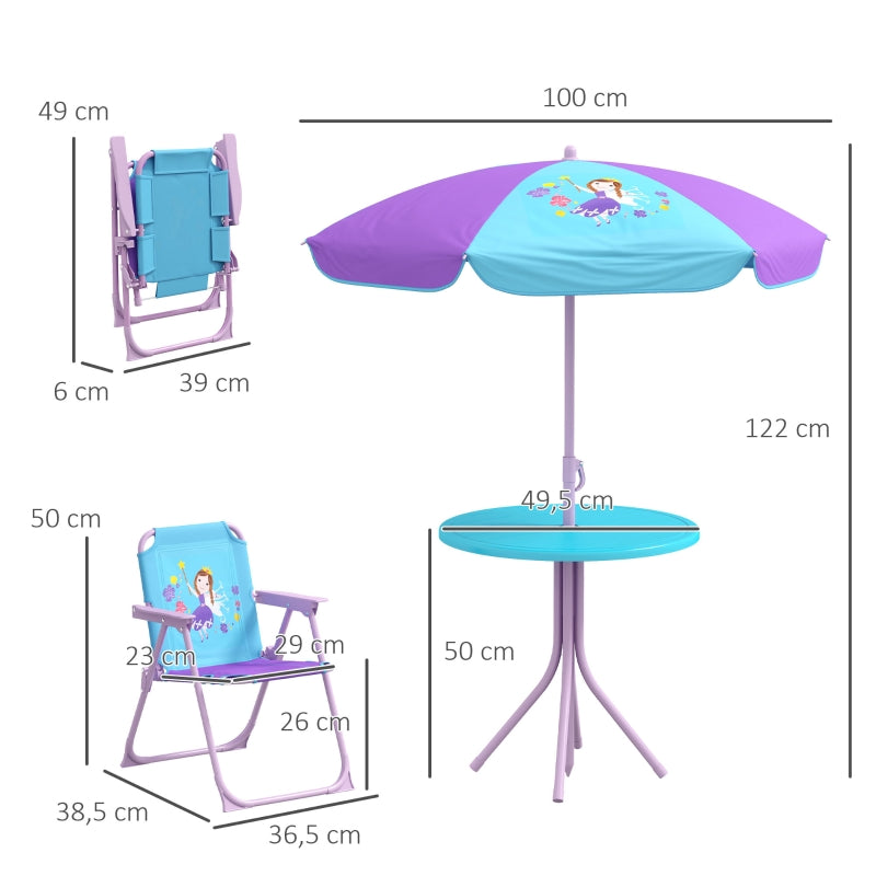 Kids Picnic Table and Chair Set, Fairy Themed w/ Foldable Chairs & Adjustable Parasol, Blue Steel