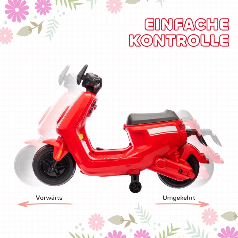 AIYAPLAY 6V Electric Motorcycle for Kids, with Headlight, Music, Training Wheels, Red