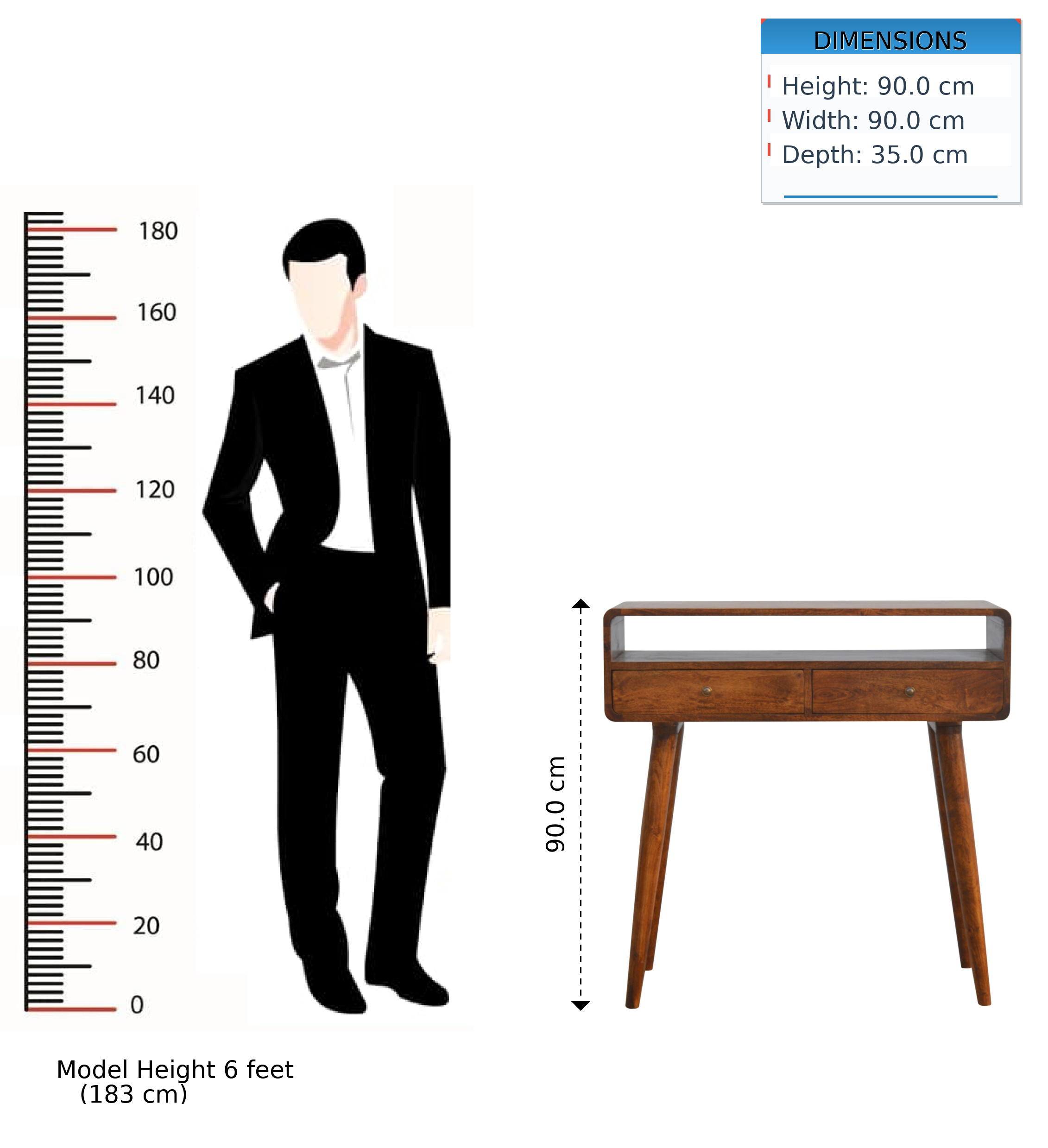 Solid Wood Console Table, Curved Chestnut 2-Drawer, Brown