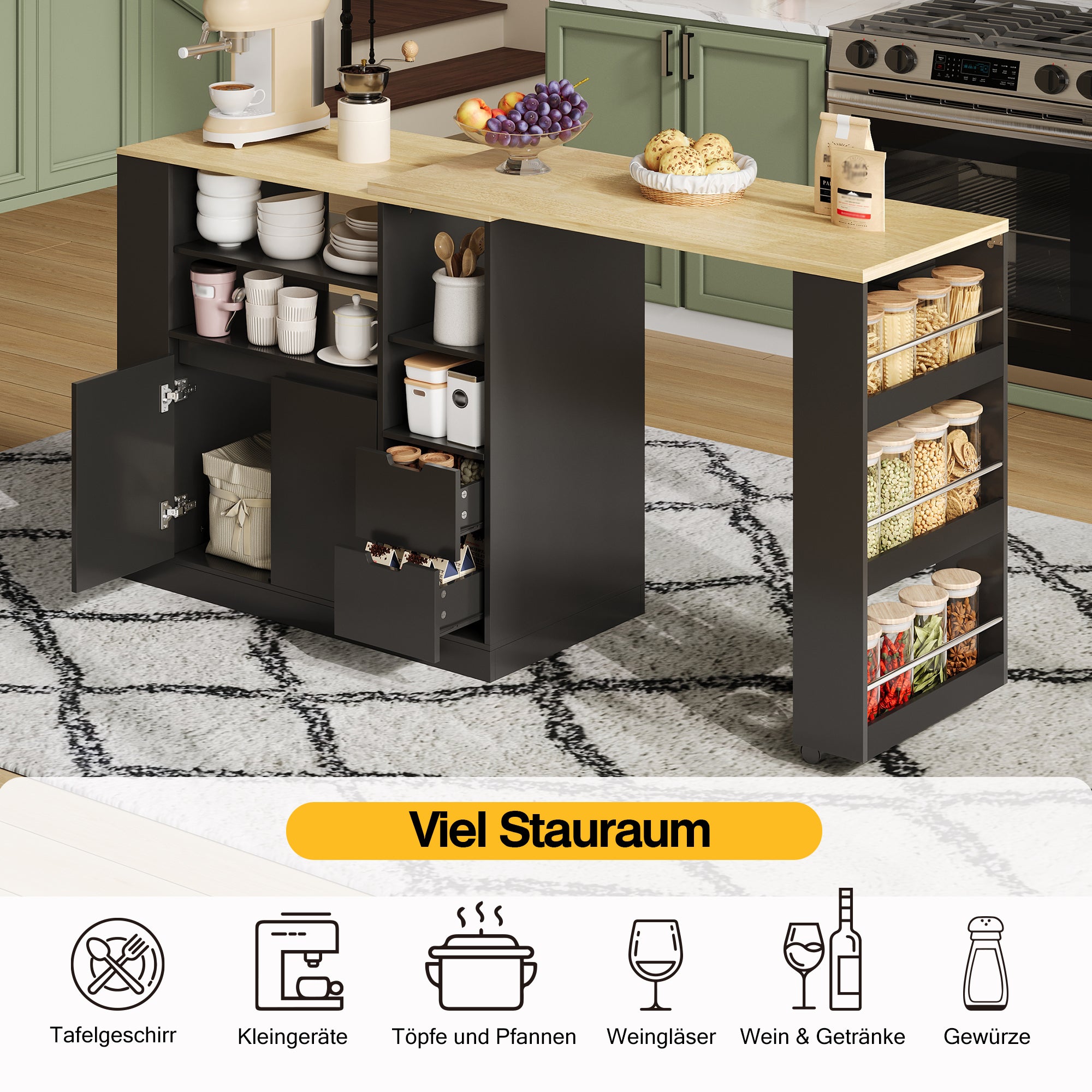 Kitchen Island with Extendable Worktop and Storage Drawers, Wood Look