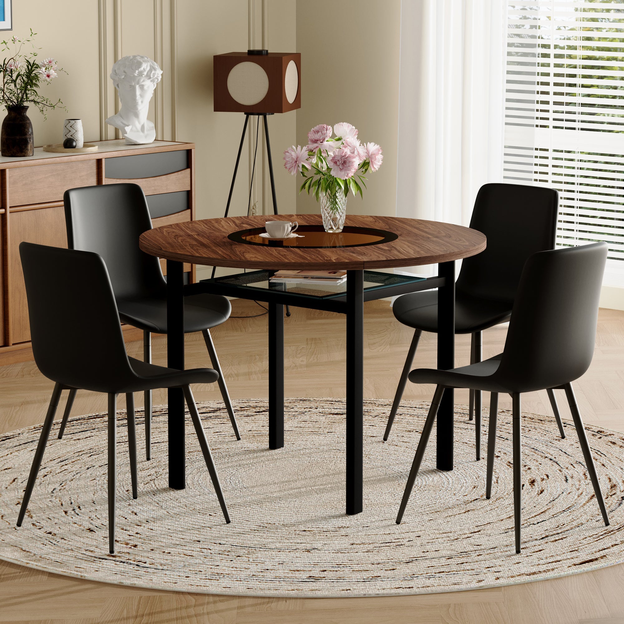 Modern Minimalist Round Table Set, 100cm Diameter, Storage, 4 Chairs, Brown Wood Look/Black PU
