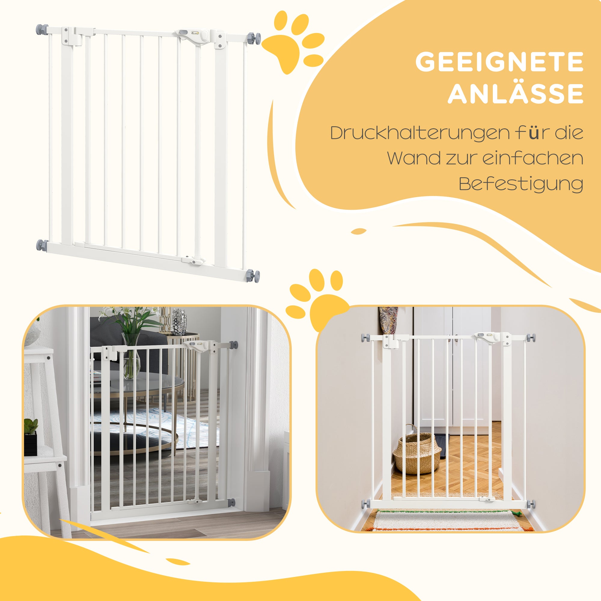 Dog Safety Gate, No-Drill Barrier/Stair Gate 74-80cm, Metal/Plastic White