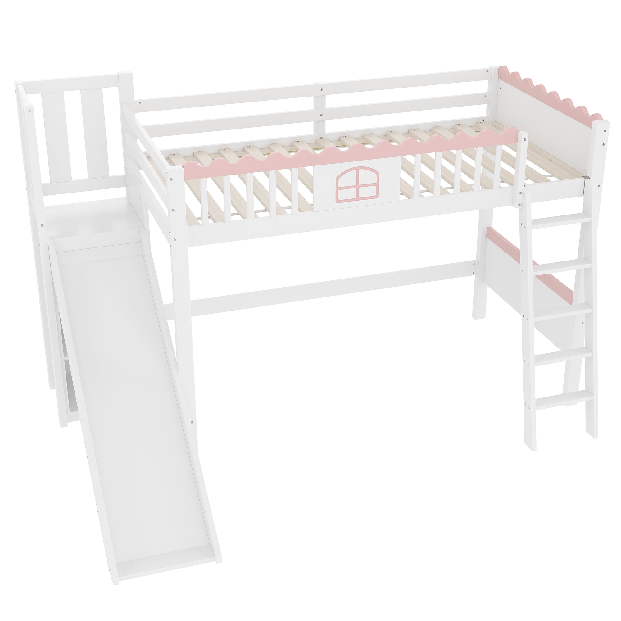 Bunk Bed 90x200cm with Slide, LED Lights, Shelves, EN747 Certified White Pine Wood