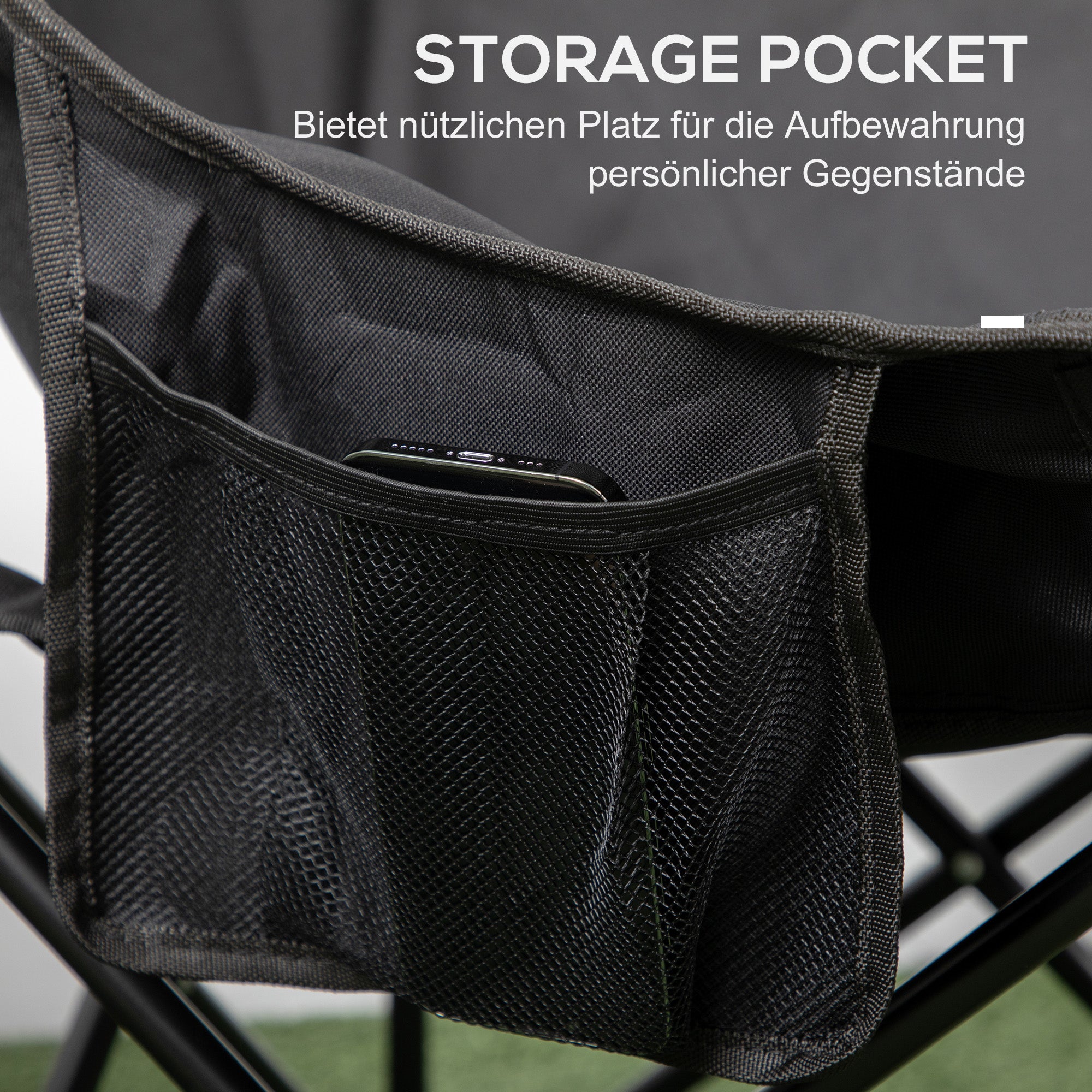 Camping Chair Foldable with Side Pocket, Steel Legs, Black Oxford