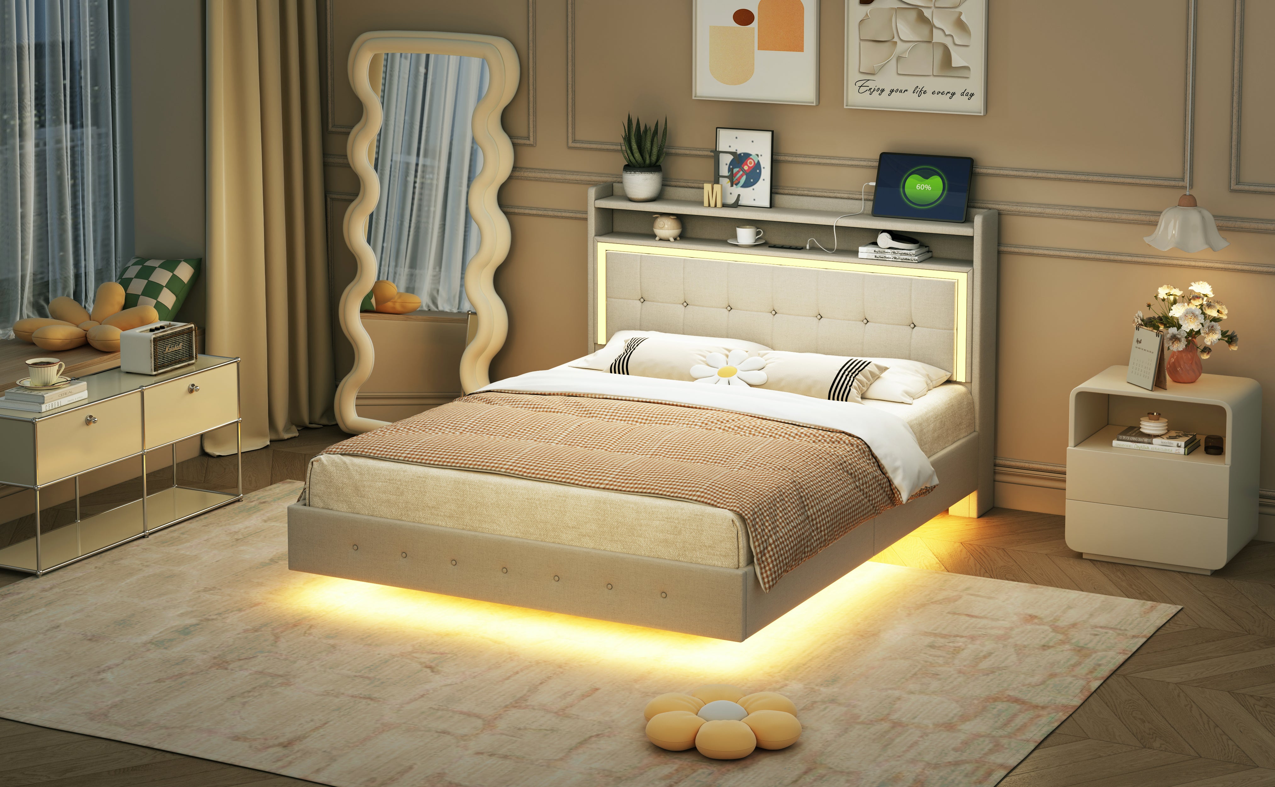 Upholstered Bed 140*200 with USB & LED Light, Linen Beige