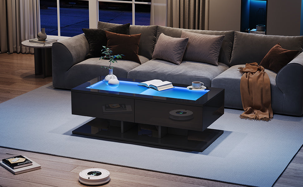 Coffee Table with Drawers, LED Light, Glass Top, Black