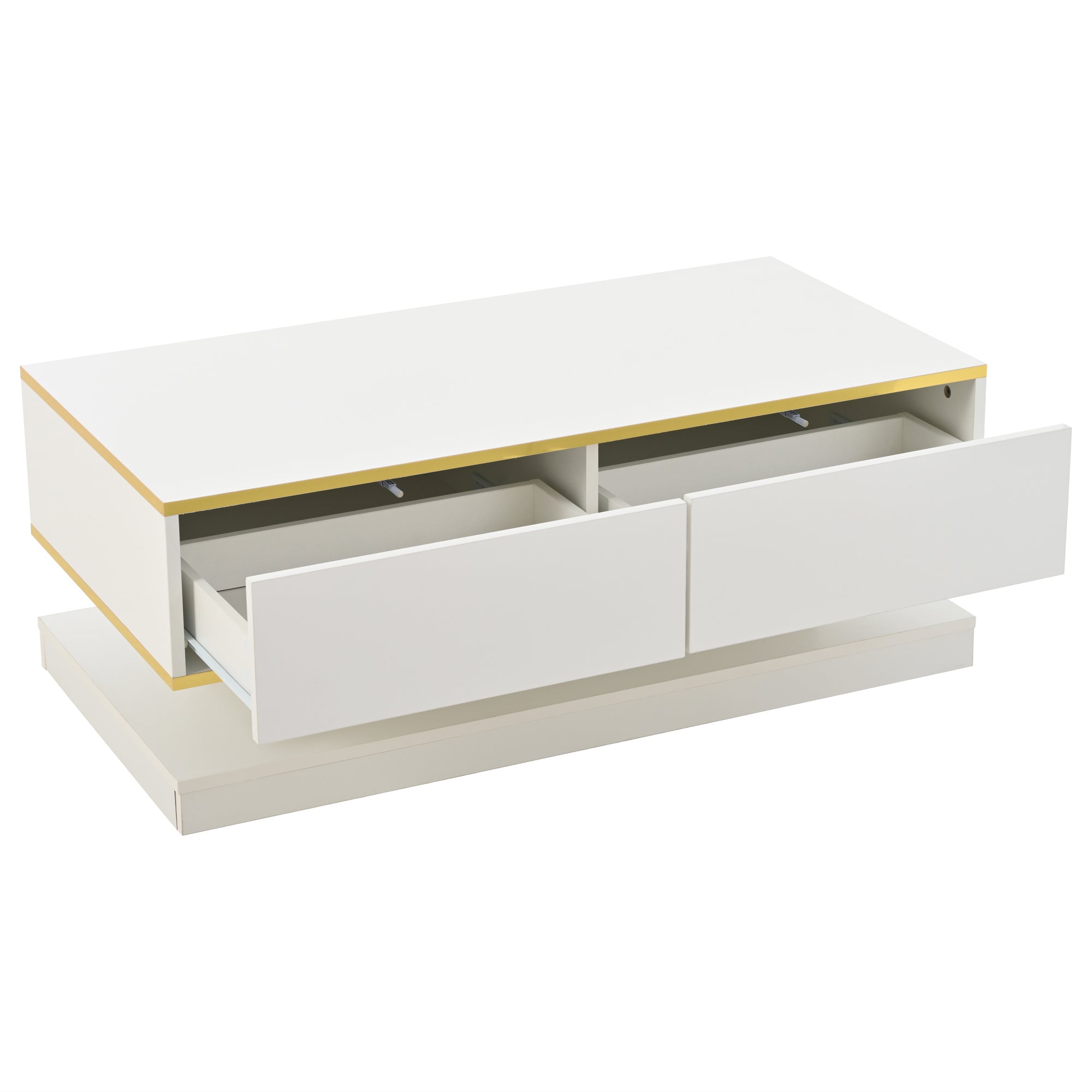 Coffee Table 100x50x38cm High Gloss with 2 Drawers, Warm White and Gold Edge