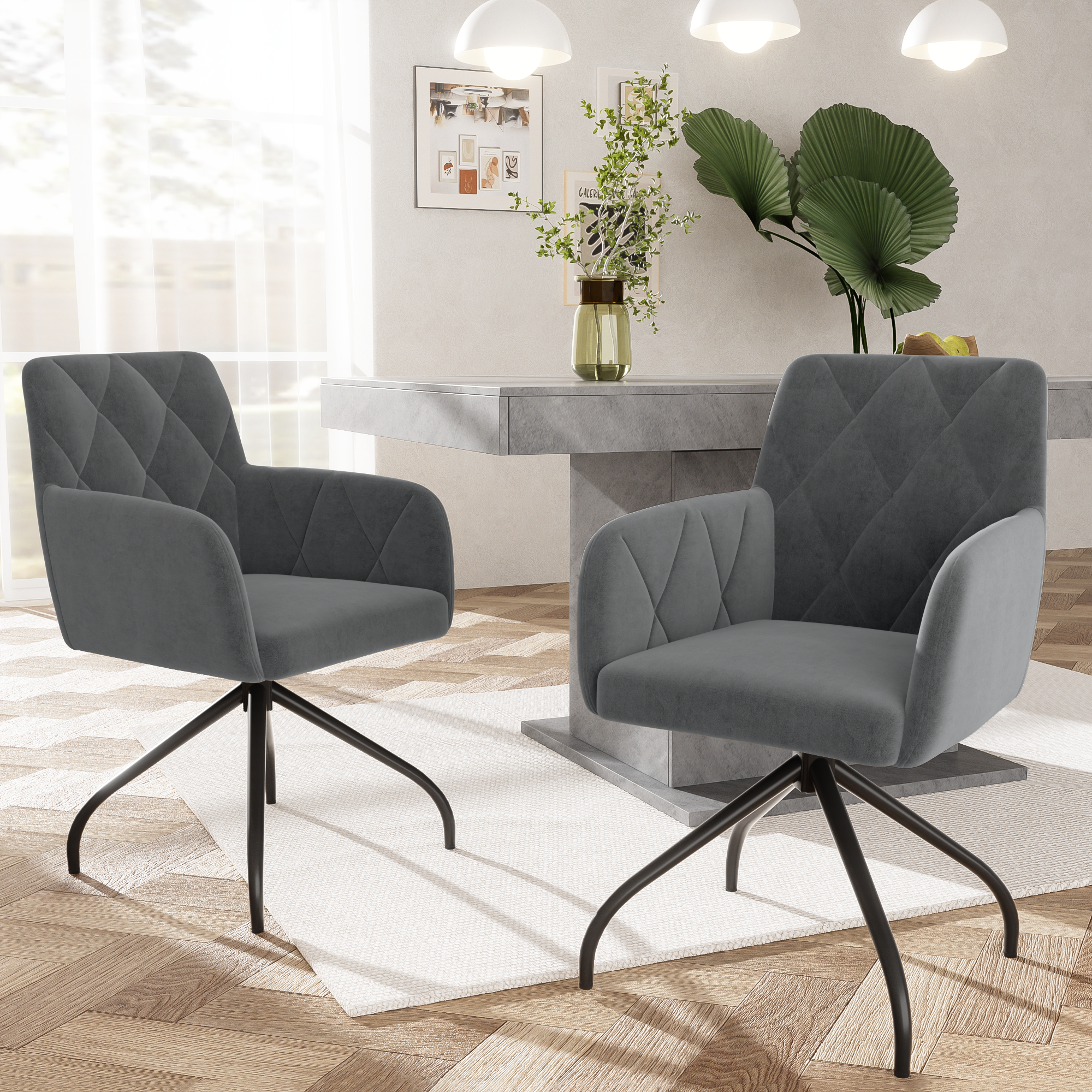 360° Swivel Dining Chairs, Set of 6 with Diamond Pattern and Lumbar Support, Anthracite Velvet