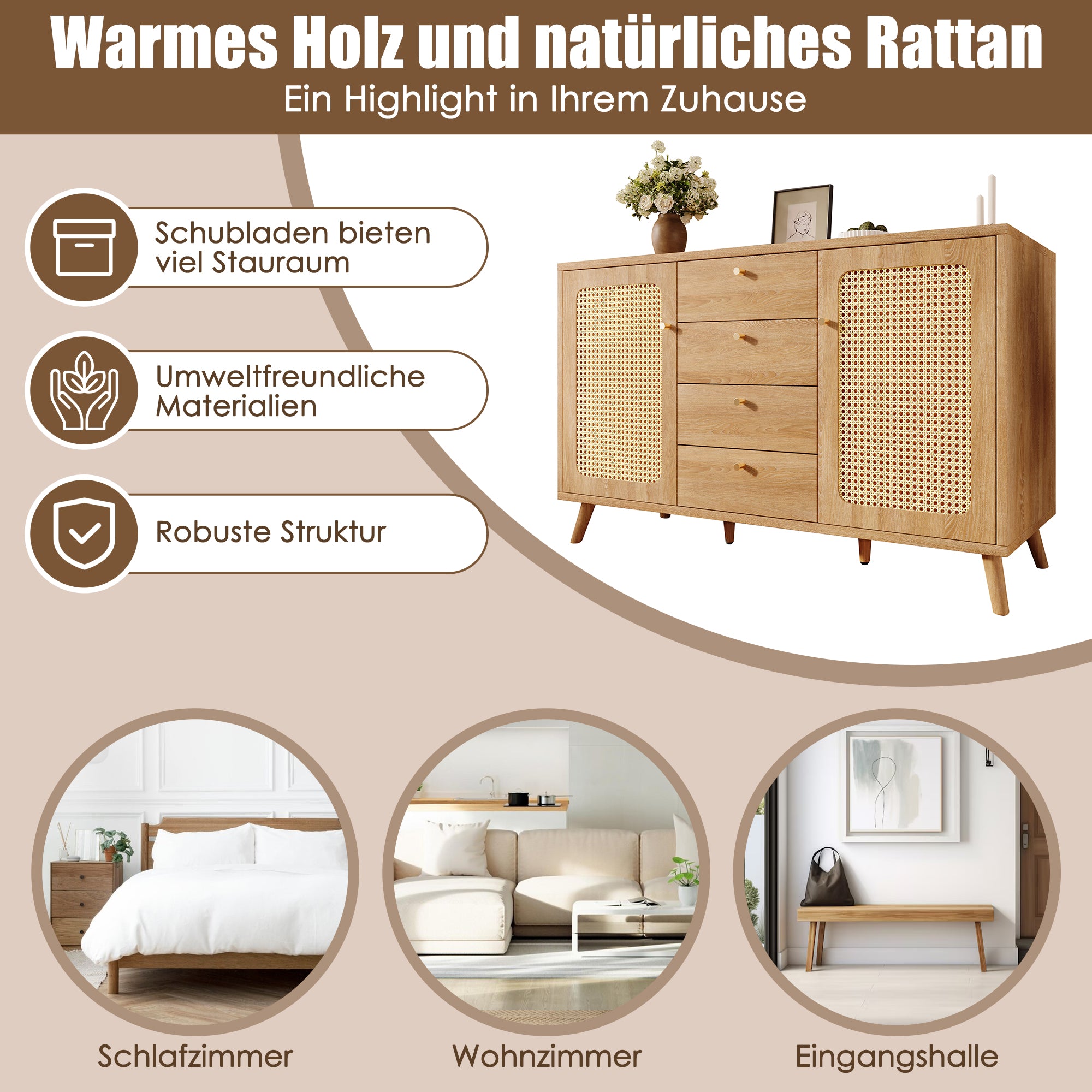 Sideboard Rattan Look Storage Cabinet 4 Drawers 2 Doors - Light Oak