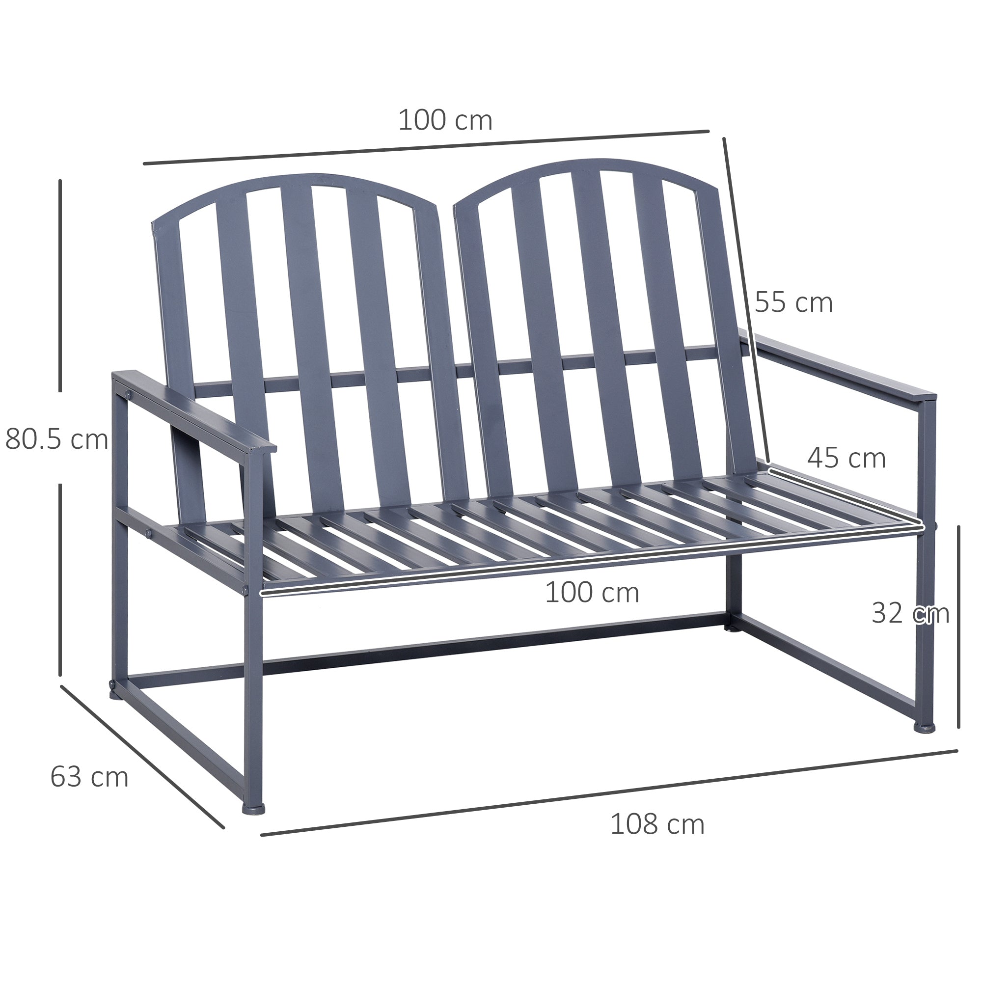 Steel Patio Garden Bench Loveseat Slatted Design Grey Metal