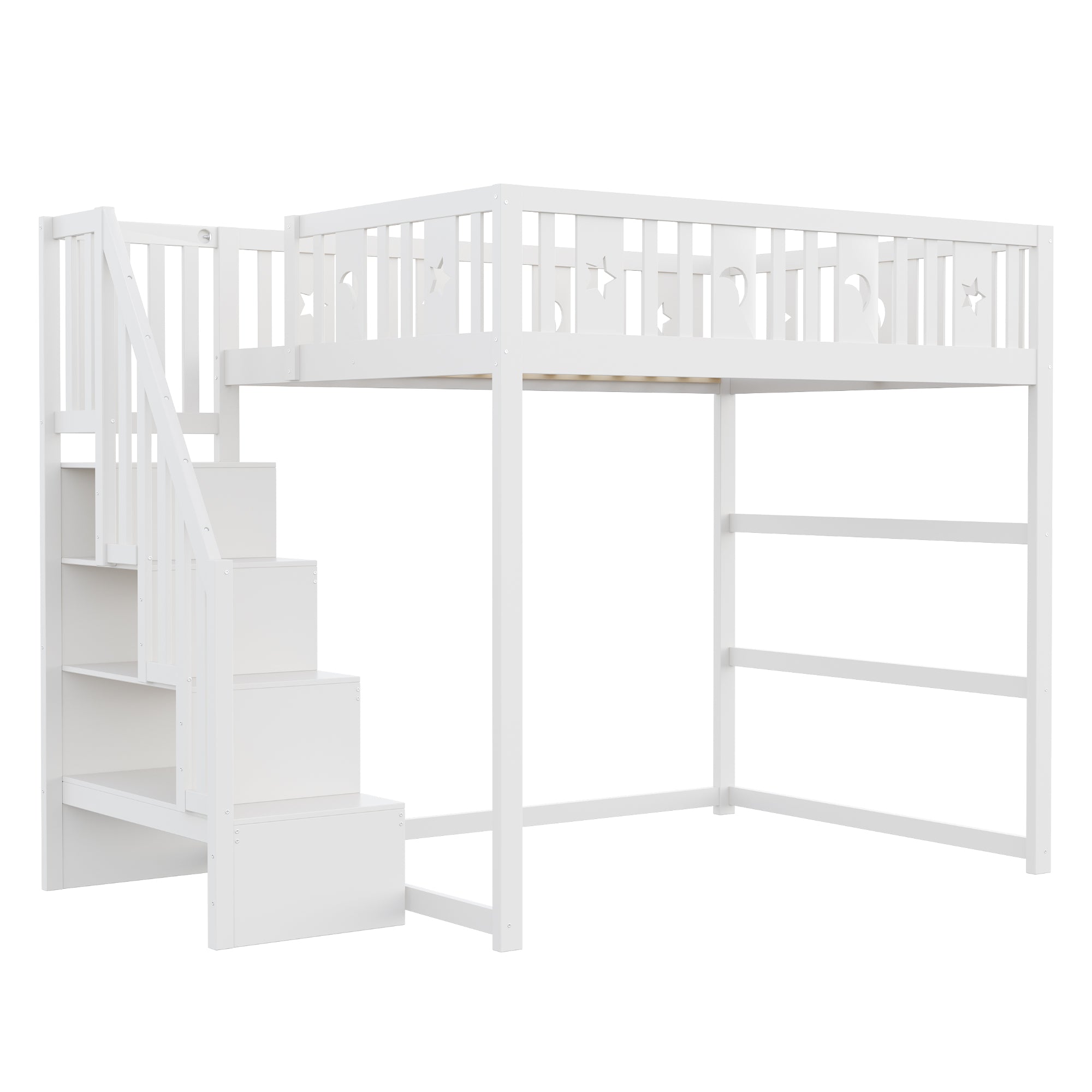 Children's Bunk Bed with Stairs, Safety Railing & Star/Moon Decor, Solid Wood White