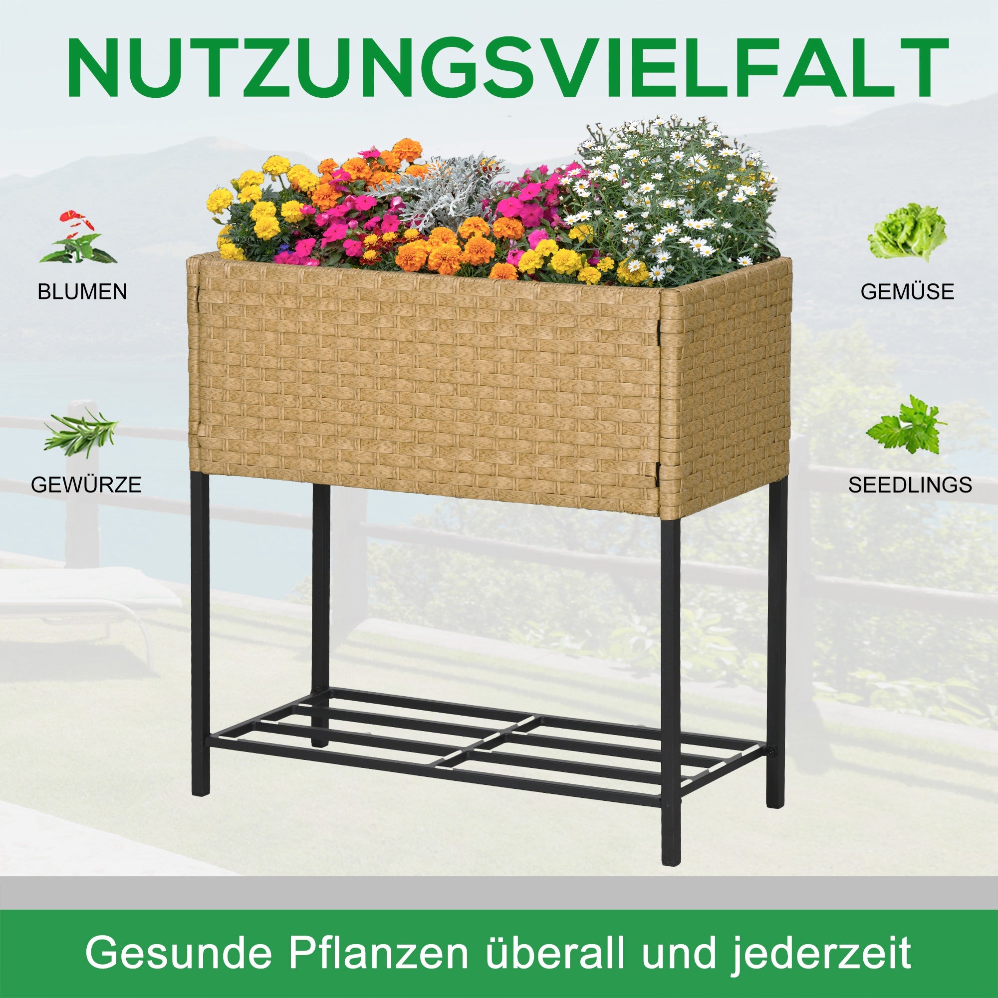 Raised Bed Flower Box, with Feet & Shelf, 70x30x72 cm, Poly Rattan, Sand-Colored