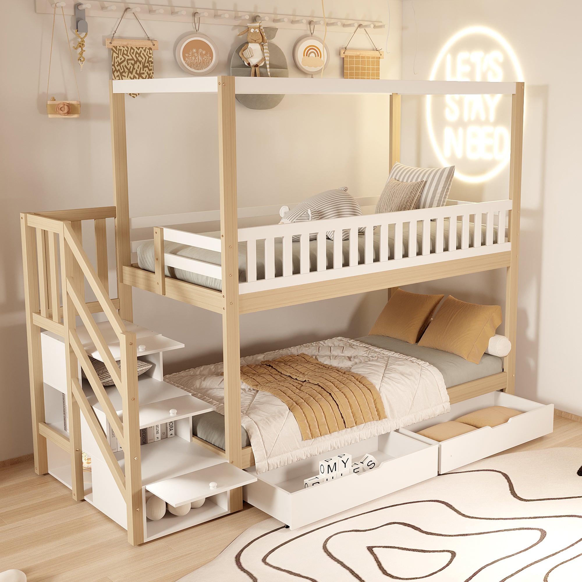 Bunk Bed, 90x200 cm House Shape Safety Rail & Storage, Solid Wood White/Natural