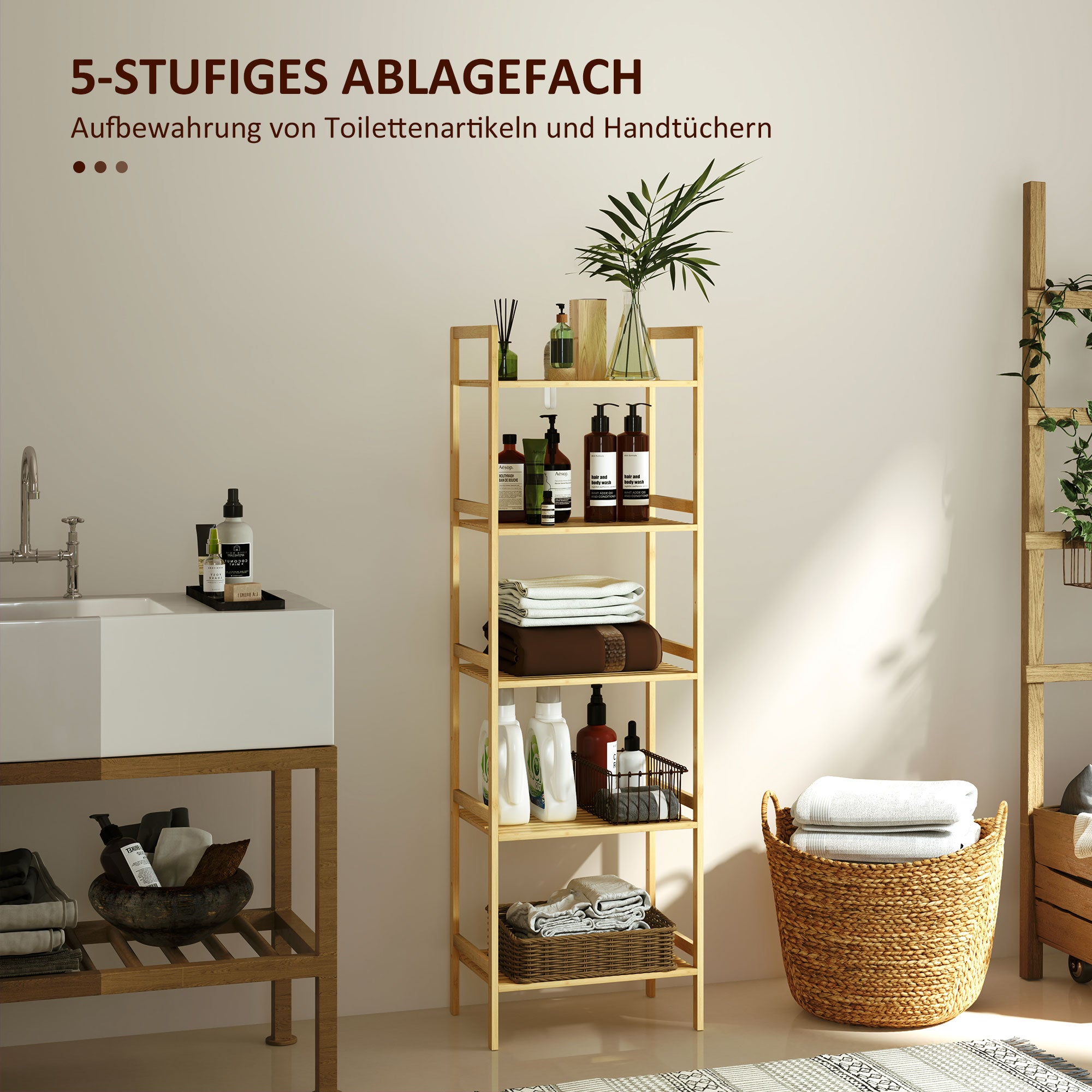 Bathroom Shelf, 5-Tier Storage Rack, Adjustable, Natural Wood