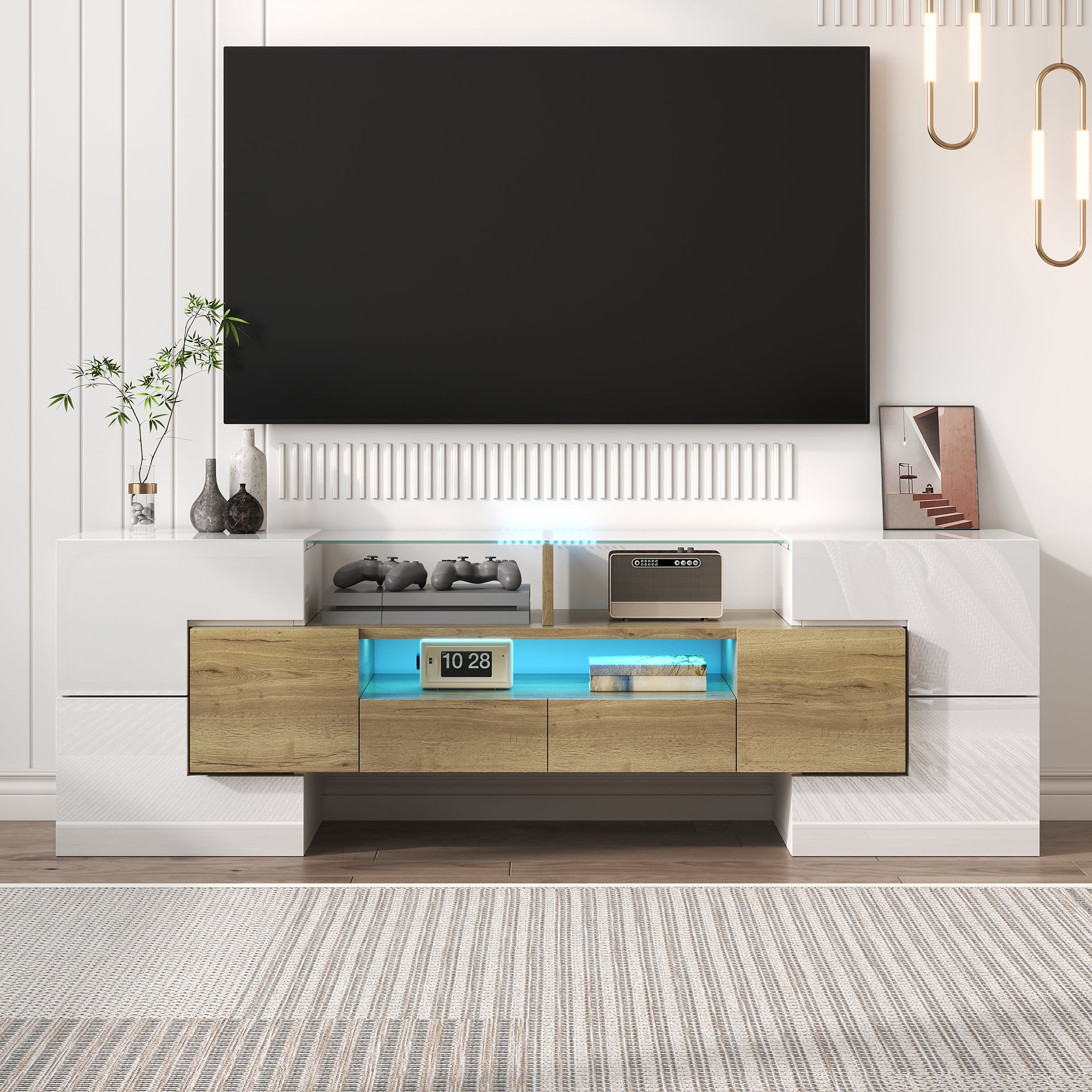 TV Cabinet, 145 cm LED Lighting, High-Gloss White Glass