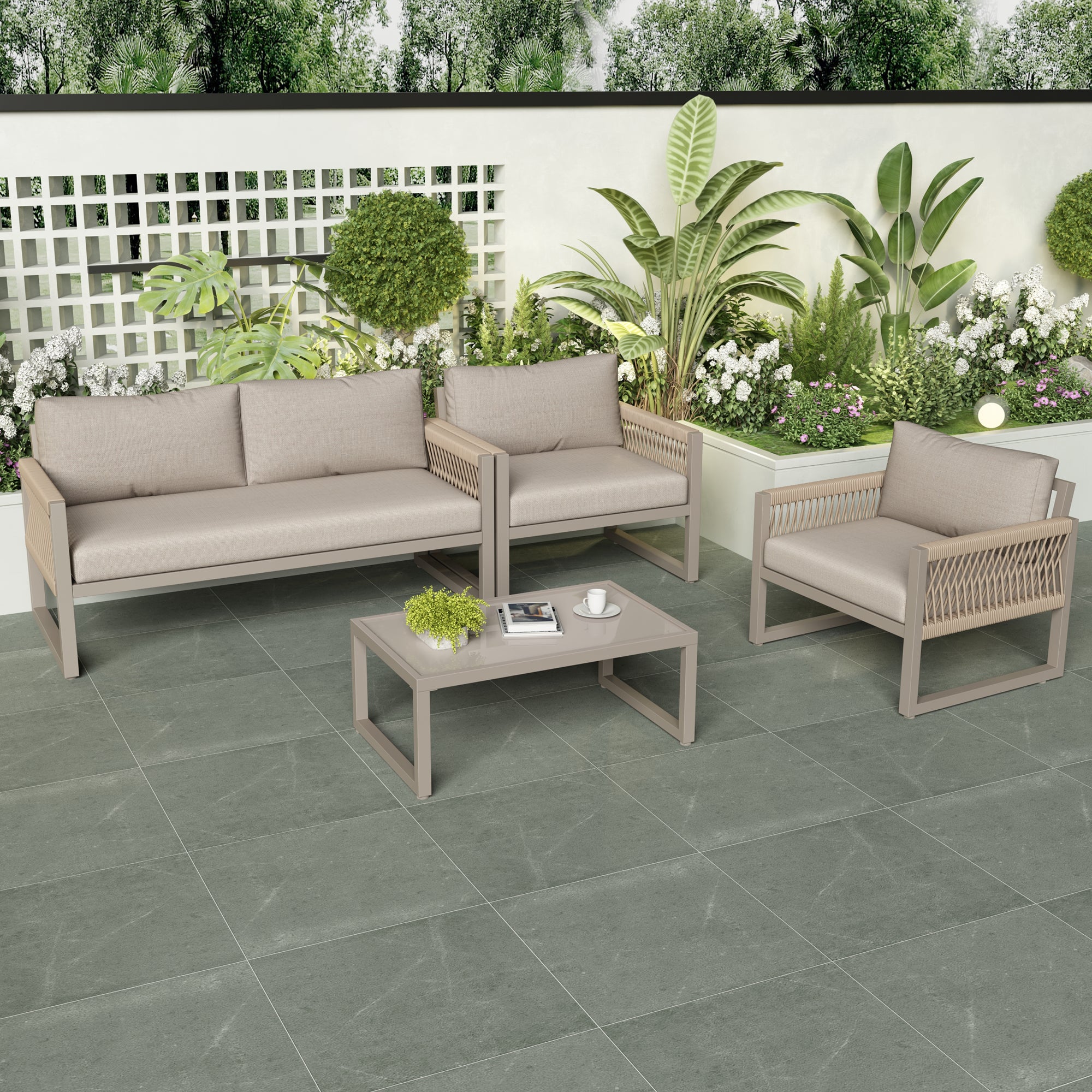 Garden Lounge Set 4-Piece Rope Furniture with Glass Top, Khaki Rope/Iron Frame