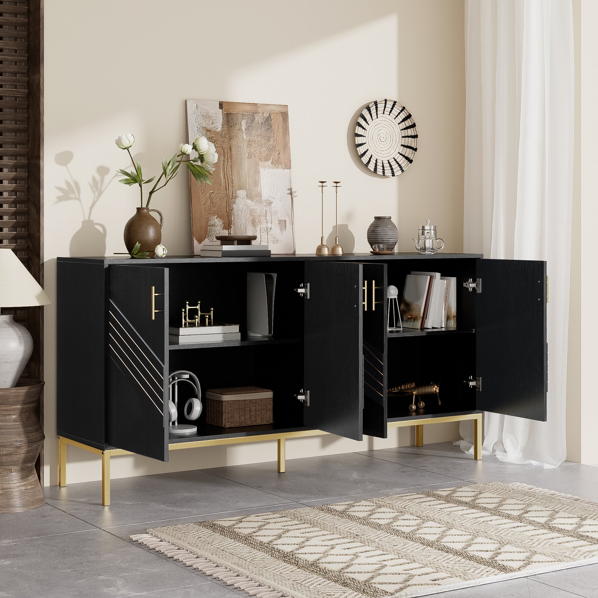 Sideboard, 4-Door Modern Large Capacity with Adjustable Shelves, Black and Gold MDF
