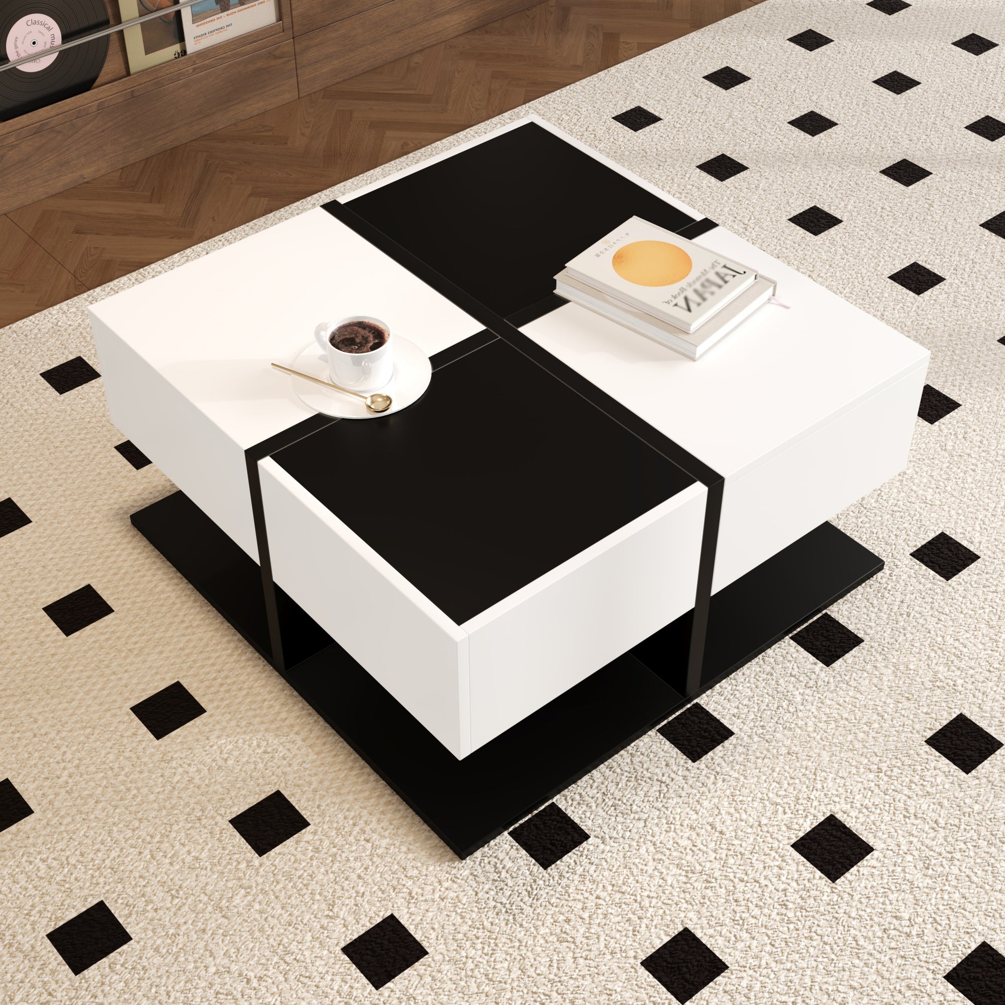 Modern Coffee Table with 2 Drawers, Square Living Room Table, 70x70x35.5 cm, Black and White