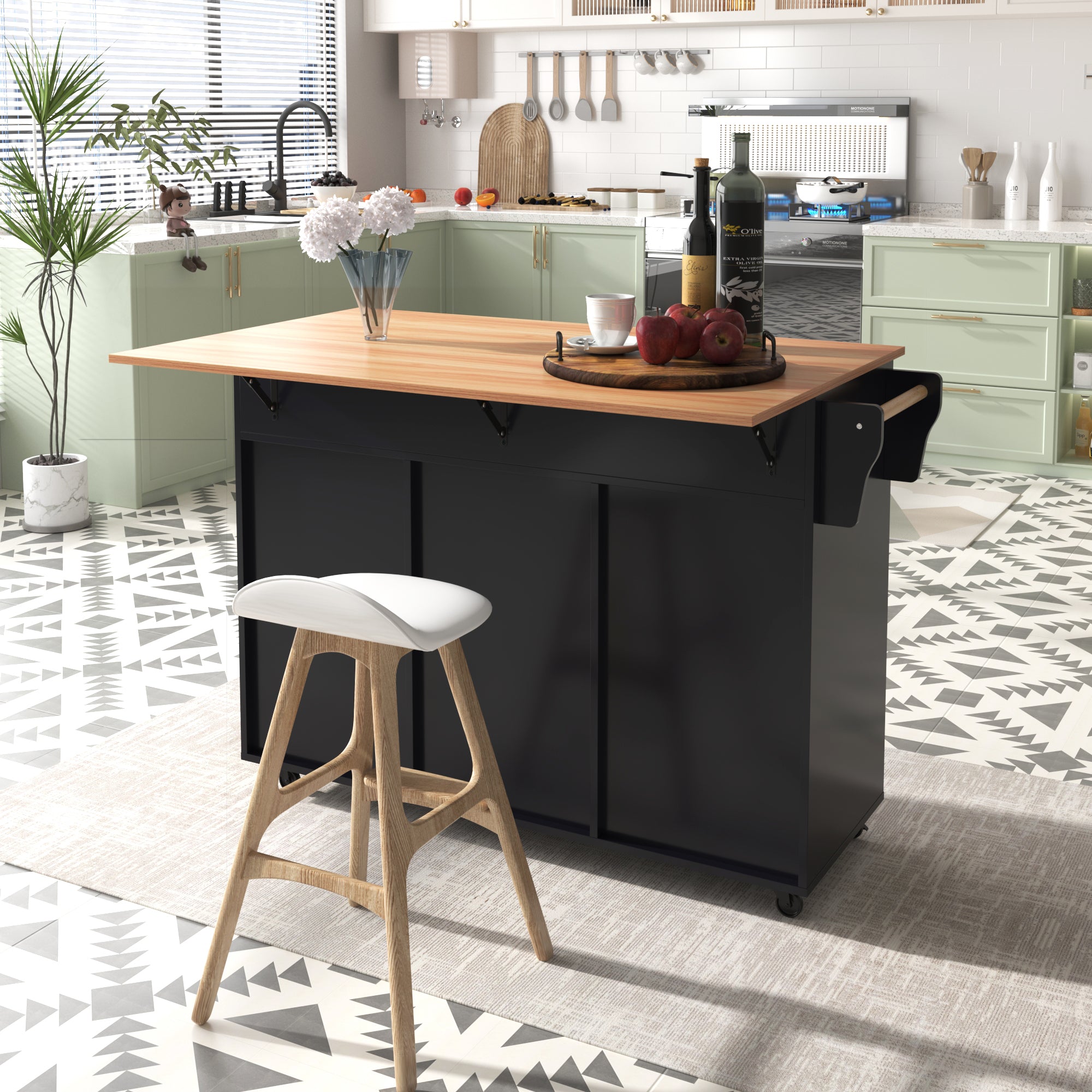 Dining Cart Sideboard 129cm Extendable Folding Top Storage Wheels - Black