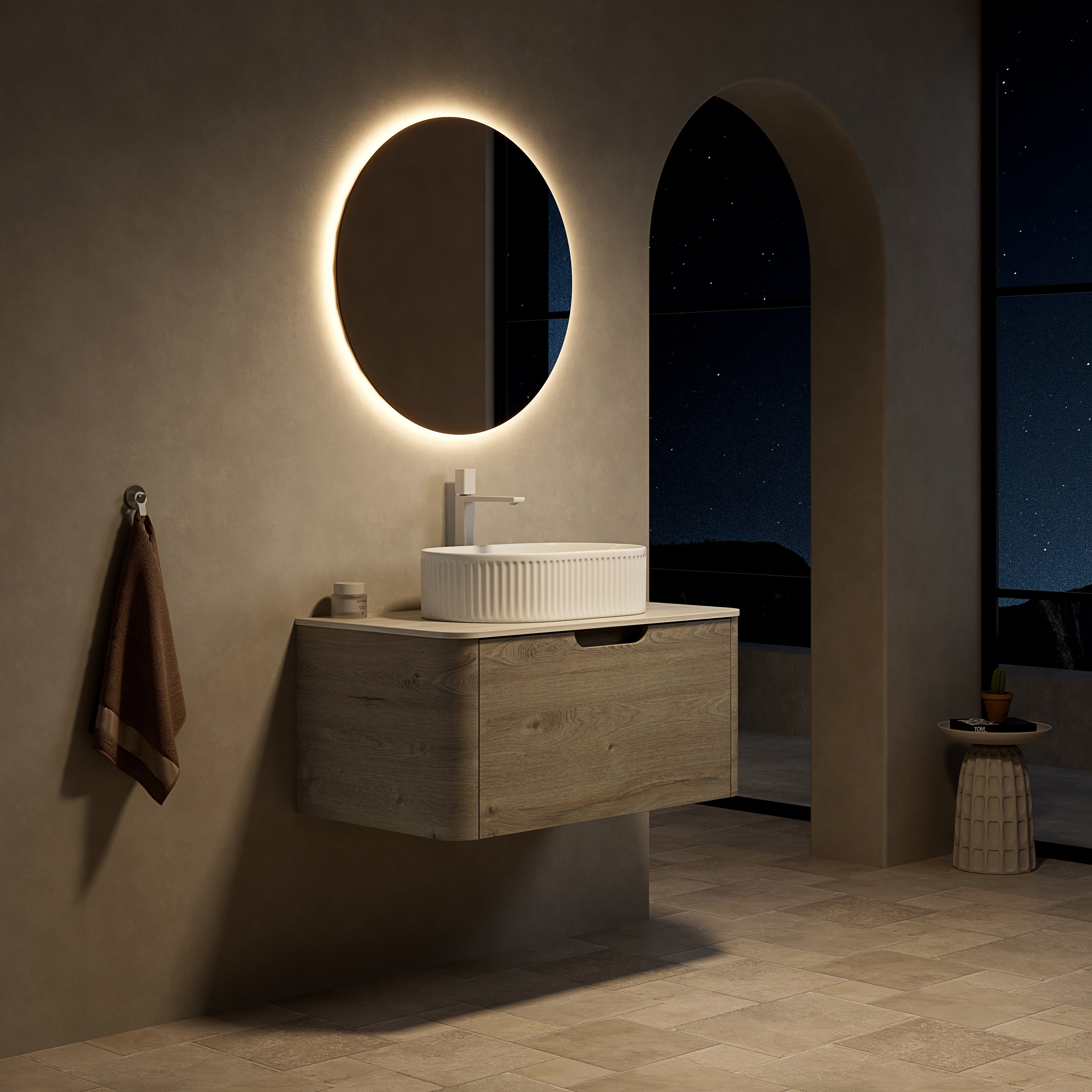 Floating Bathroom Vanity with Oval Sink and Sintered Stone Top, Oak Cream Wood Grain