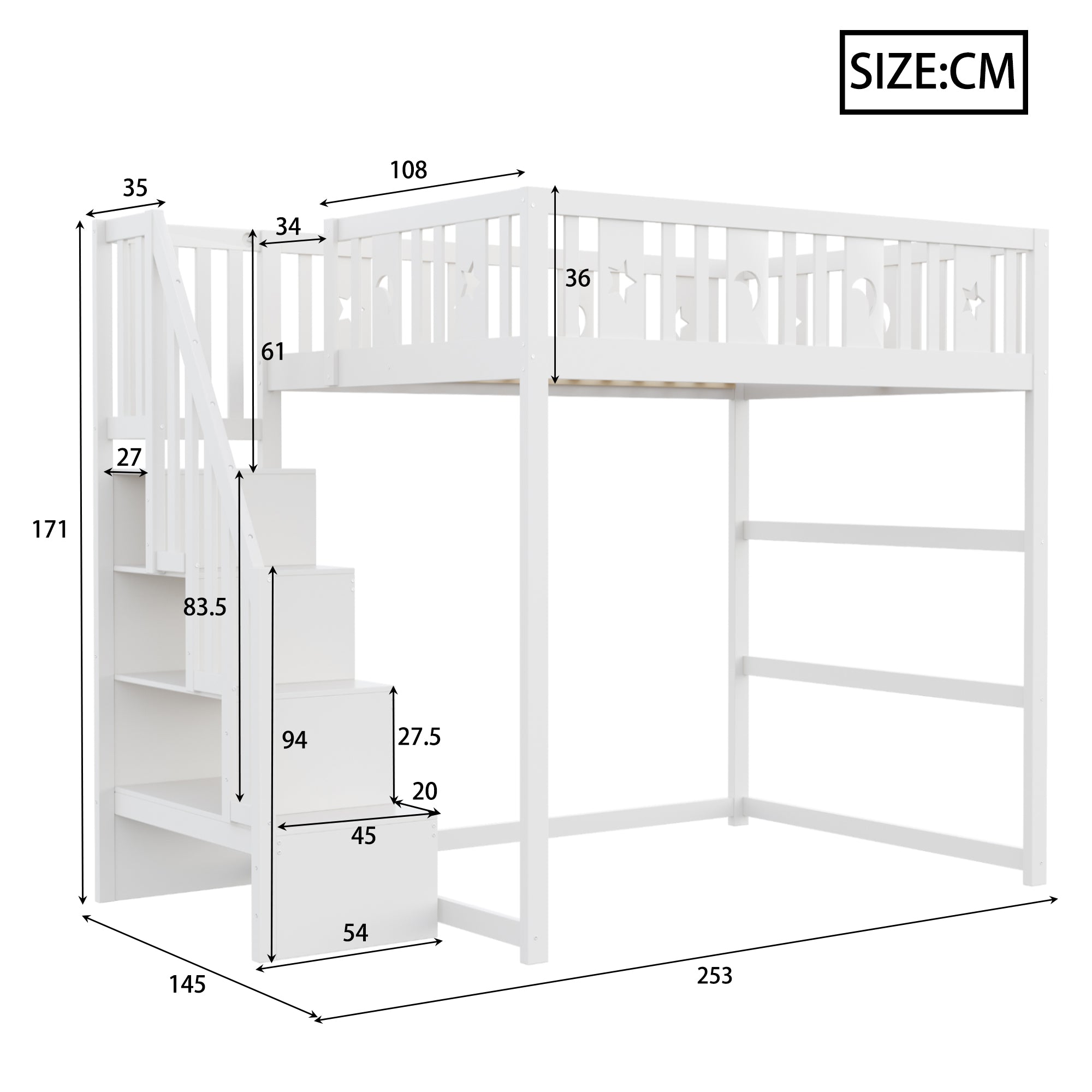 Children's Bunk Bed with Stairs, Safety Railing & Star/Moon Decor, Solid Wood White