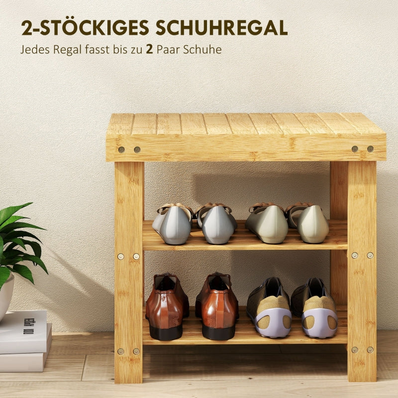 Bamboo Shoe Bench/Rack with 2 Shelves and Seat, Natural