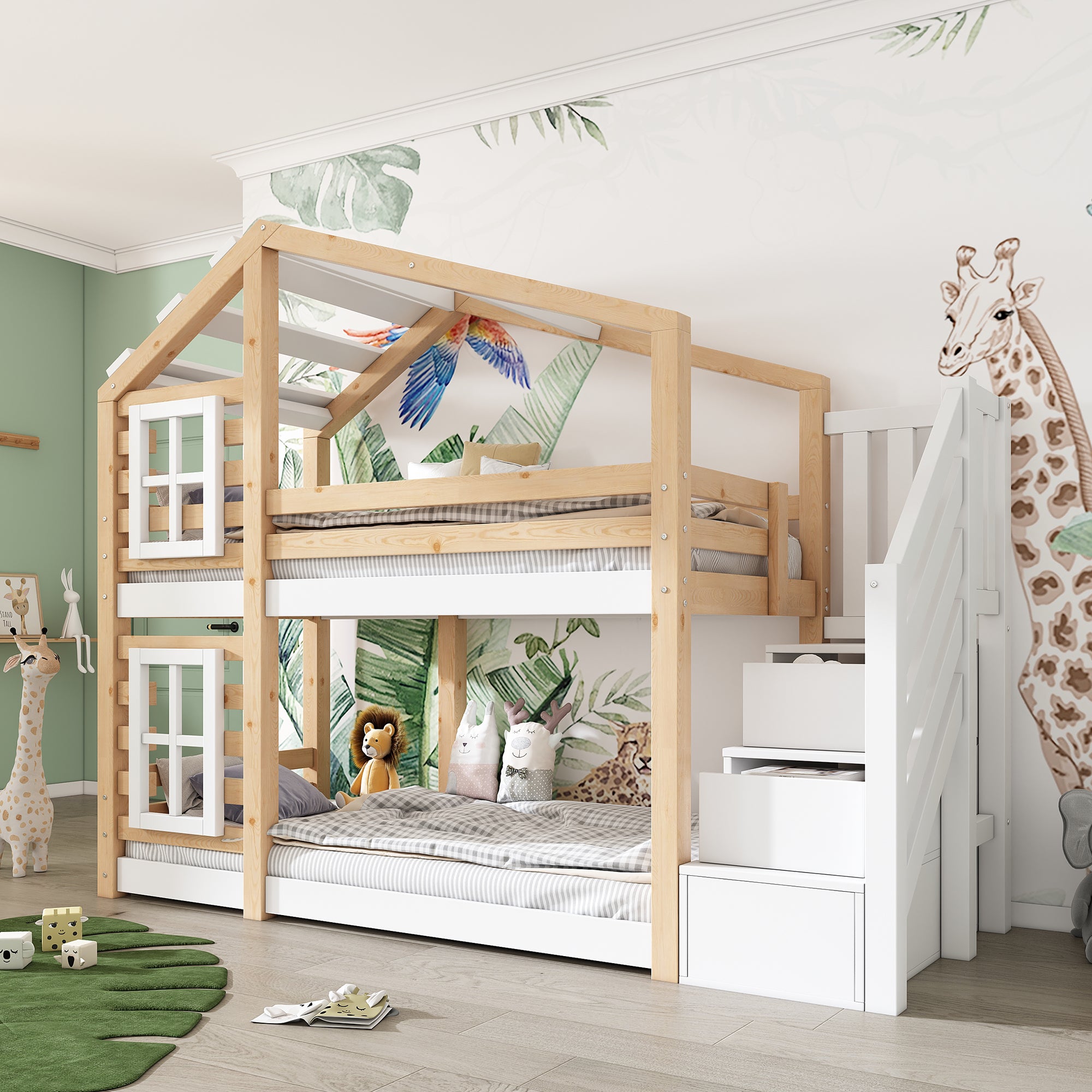 Children's Treehouse Bunk Bed 90x200cm Window Design Storage - Natural & White