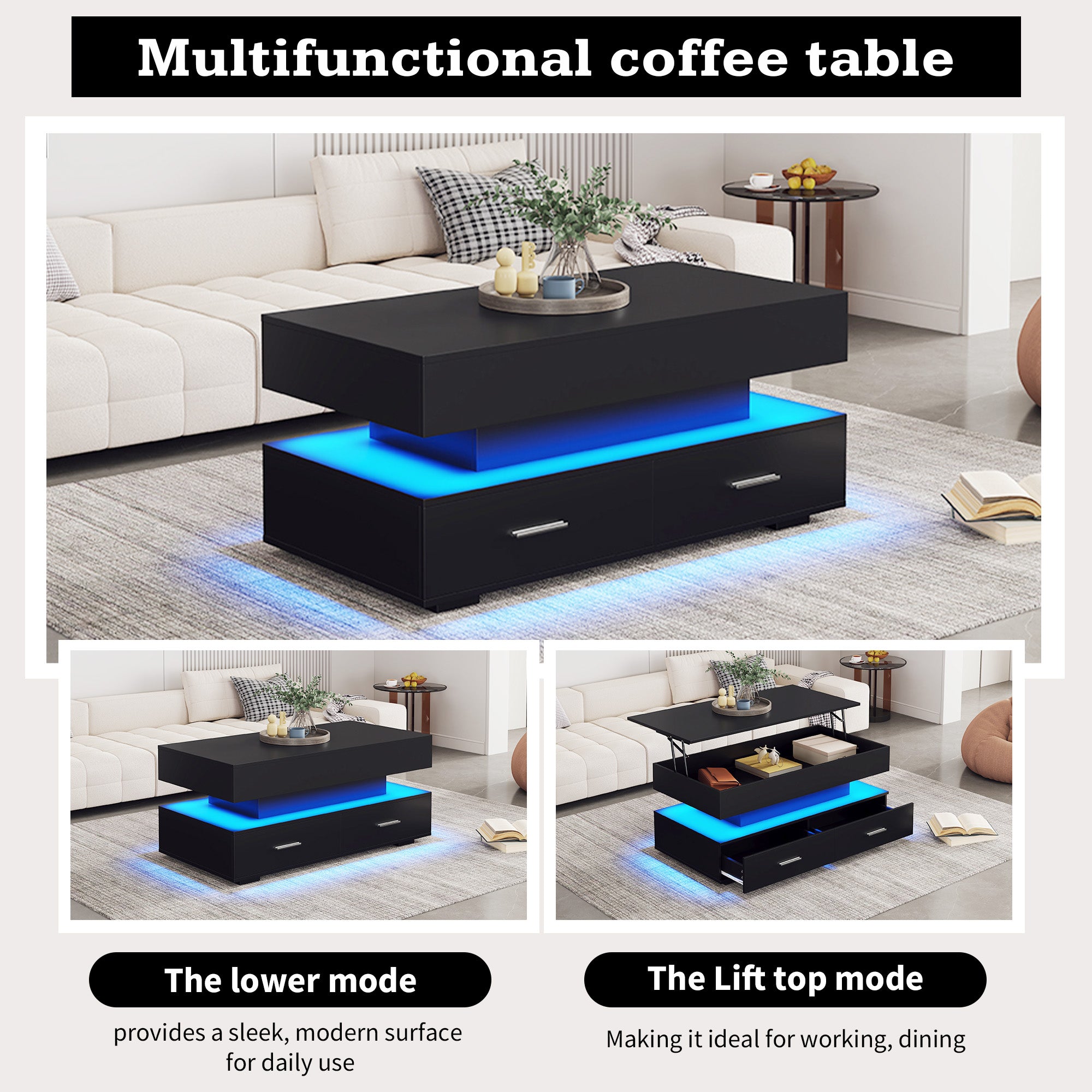 Coffee Table, Hydraulic Height-Adjustable with LED & Bluetooth, 2 Drawers, Black