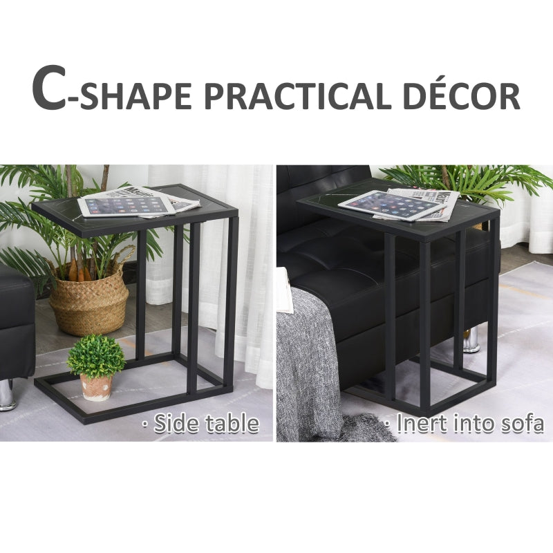C Shape Bedside Table, Metal Frame Snack End Table, Marble-Effect Top, Black