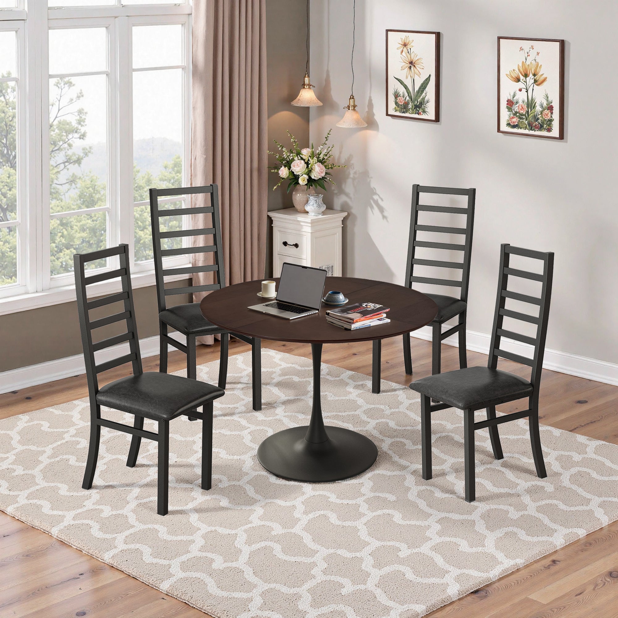 Dining Table Set, 4-Person 120cm Tulip Table with 4 Chairs, Brown and Black