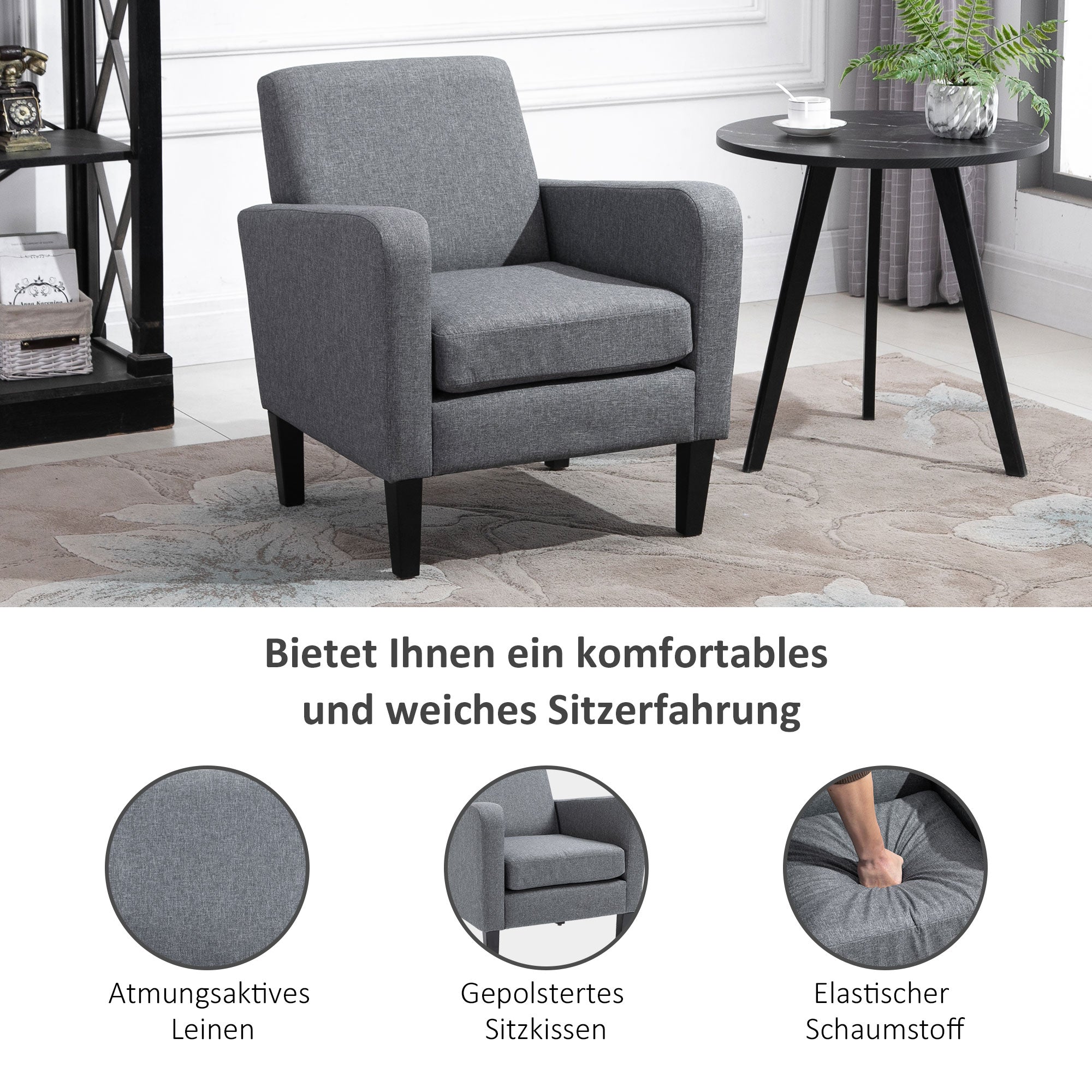 Recliner Chair, Upholstered Wooden Legs, Light Grey Linen Fabric