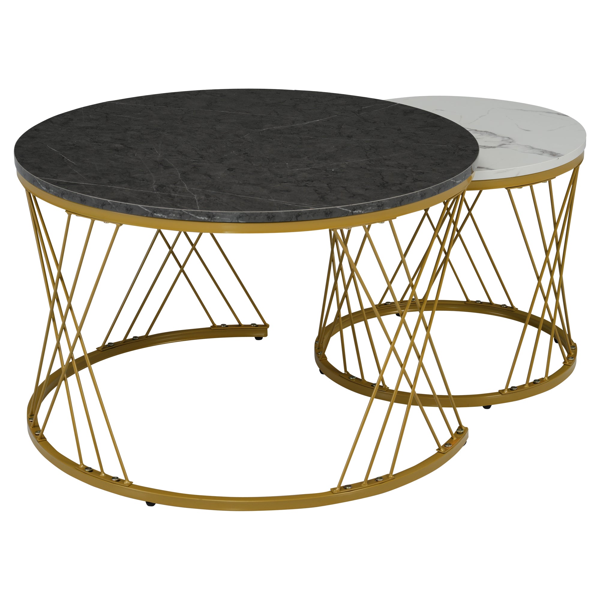 Nesting Coffee Table Set Modern Round Set of 2 Marble Veneer - Gold Frame