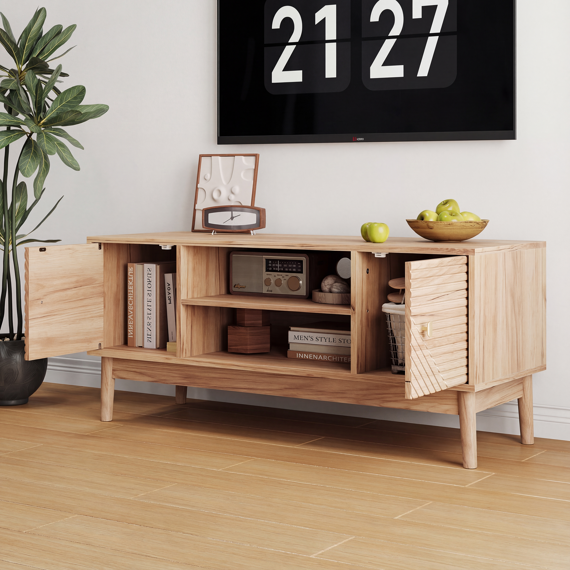 TV Stand 110cm High Mid-Century Modern Storage Media Console - Oak Color