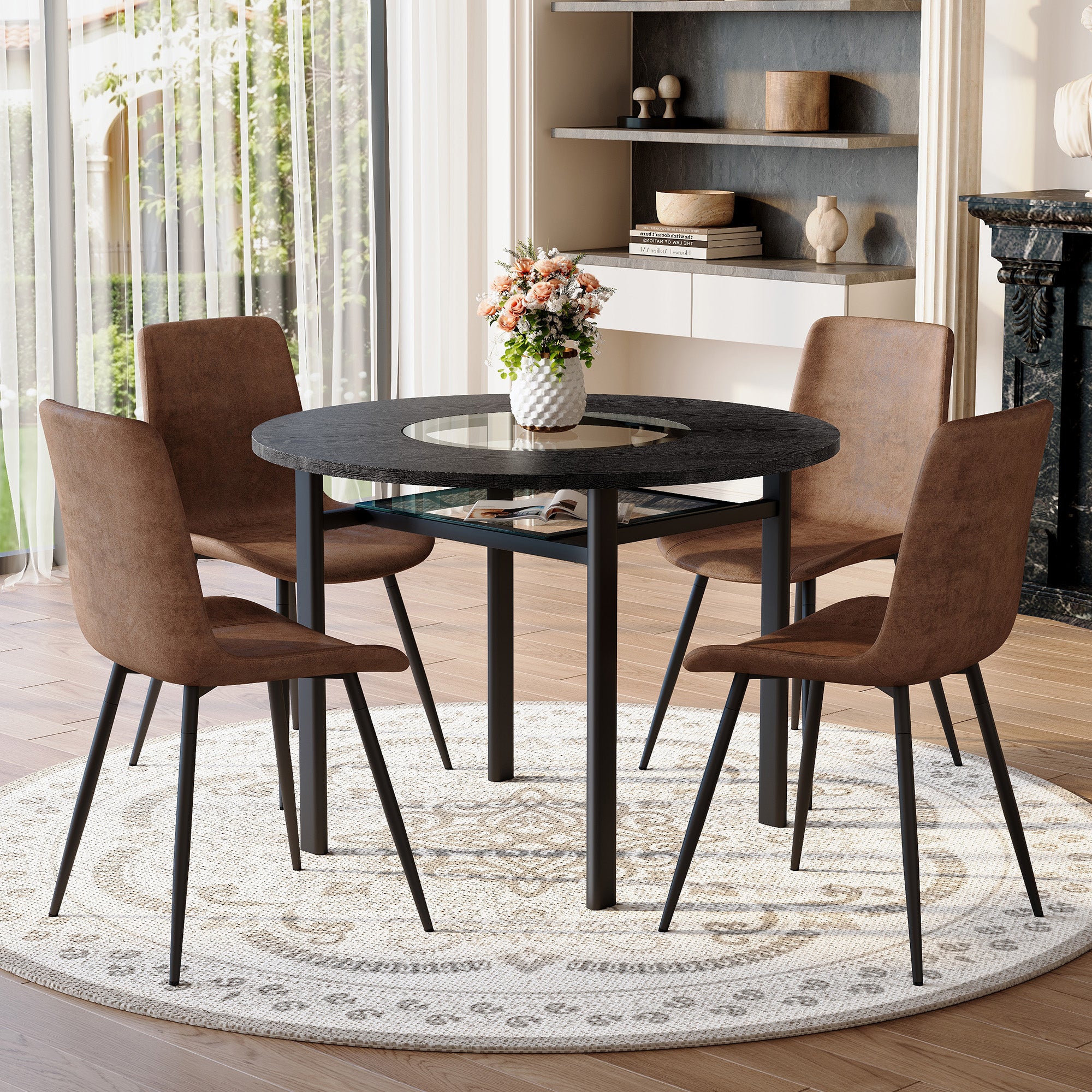 Modern Minimalist Round Table Set, 4 Armchairs, 100cm Round, Tech Fabric and Black Wood Look