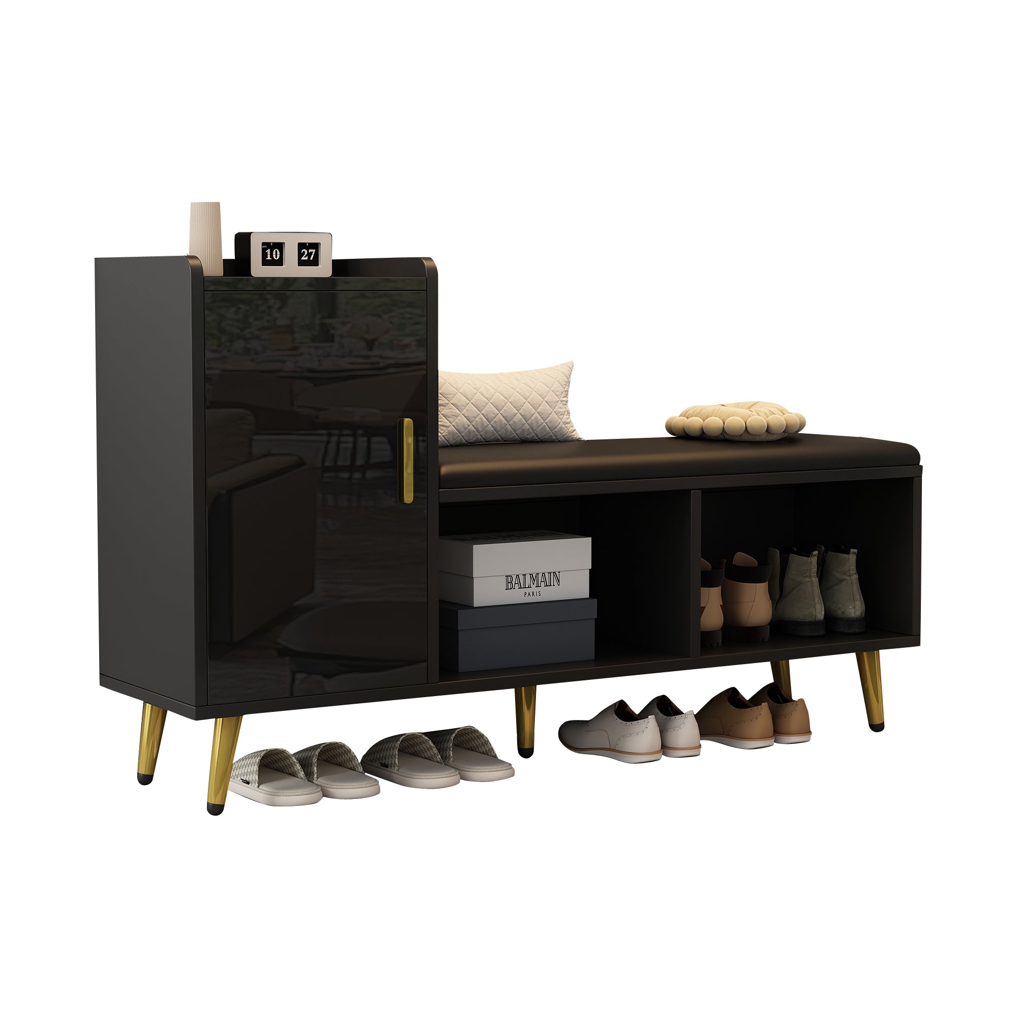 Shoe Cabinet, Multi-tiered Storage with Padded Seat & Gold Accessories, Black High Gloss
