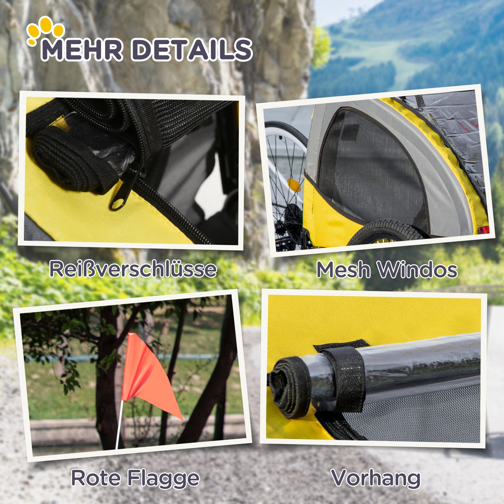 Dog Trailer for Medium Dogs, 20kg Capacity Mesh Windows Safety Leash, Oxford Fabric Yellow