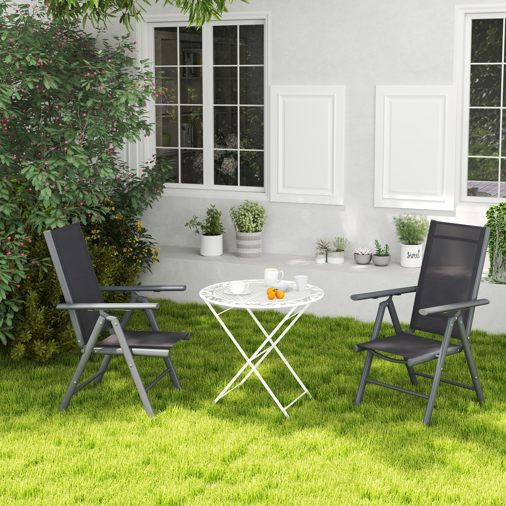 Set of 2 Folding Chairs, Aluminium Frame Outdoor Camping with Mesh, Dark Grey