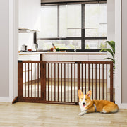 Freestanding Dog Gate with Door, Safety, Wooden, Brown