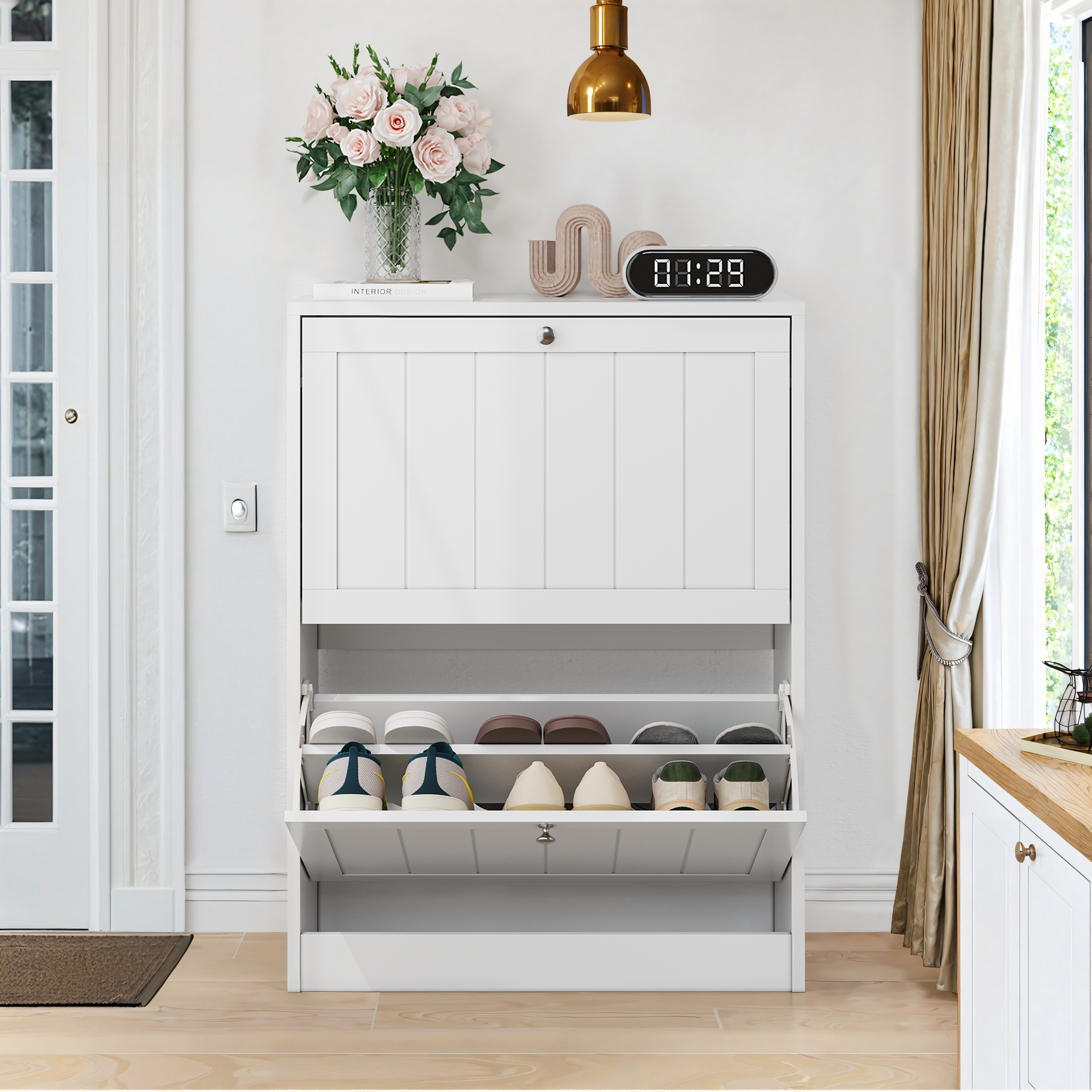 Shoe Cabinet, Freestanding Hidden 2 Drop-Down Drawers Mid-Century Modern White