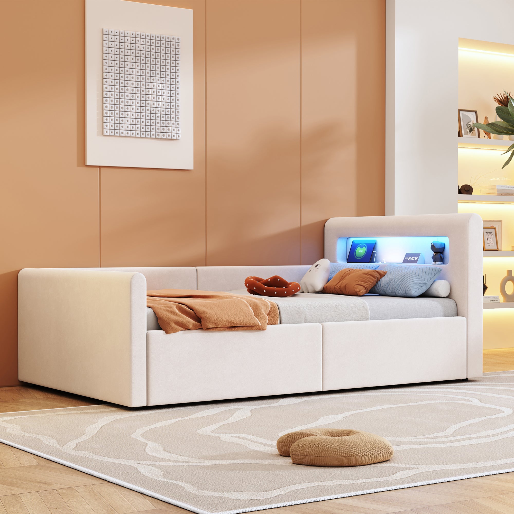 Upholstered Children's Bed 90x200 cm, LED/USB, Hydraulic Storage, Shelf, Velvet Fabric Beige